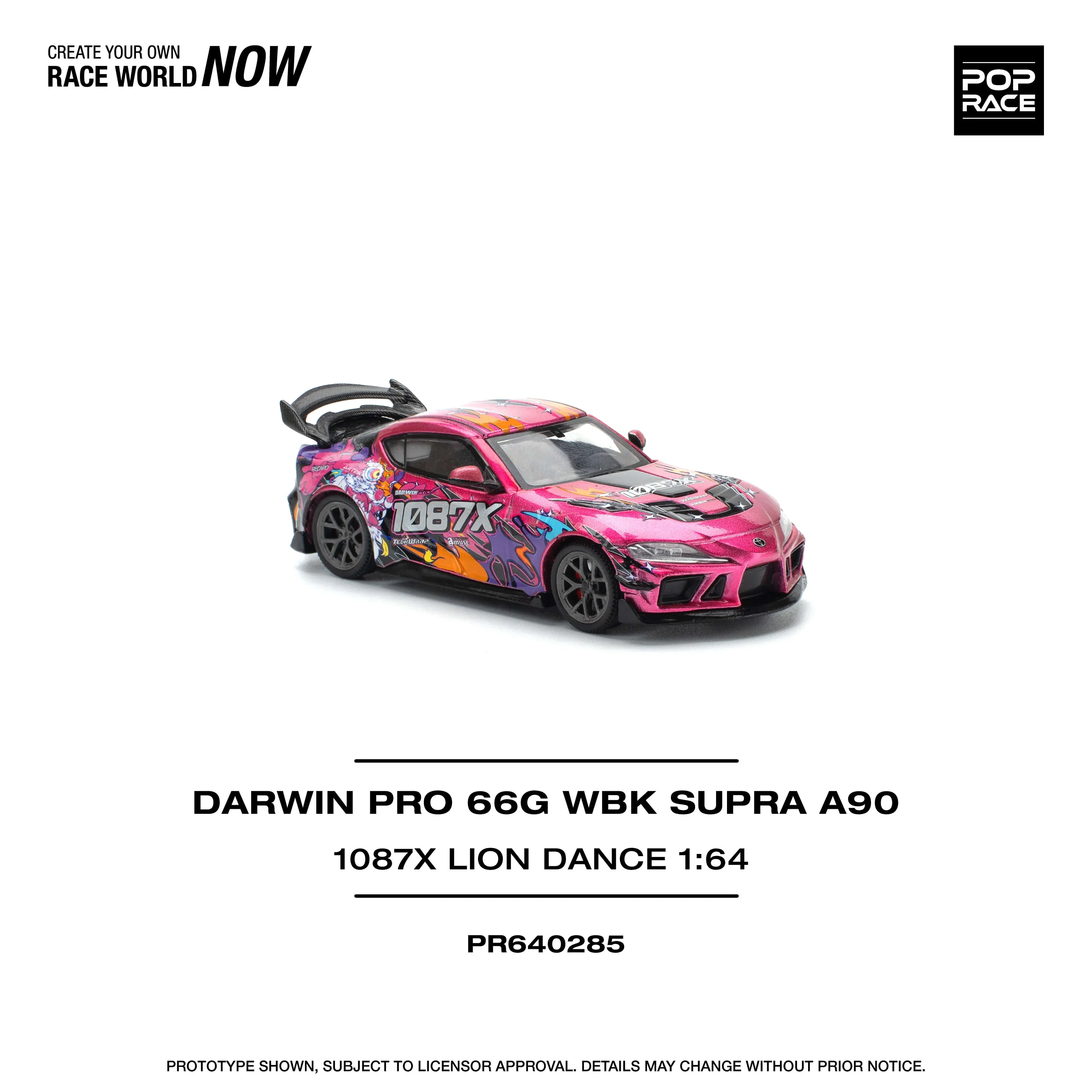 Premium scale diecast model car – Darwin Pro 66G Wbk Supra A 90-1087X Lion Dance, 1:64 Scale (Pink) Collectible