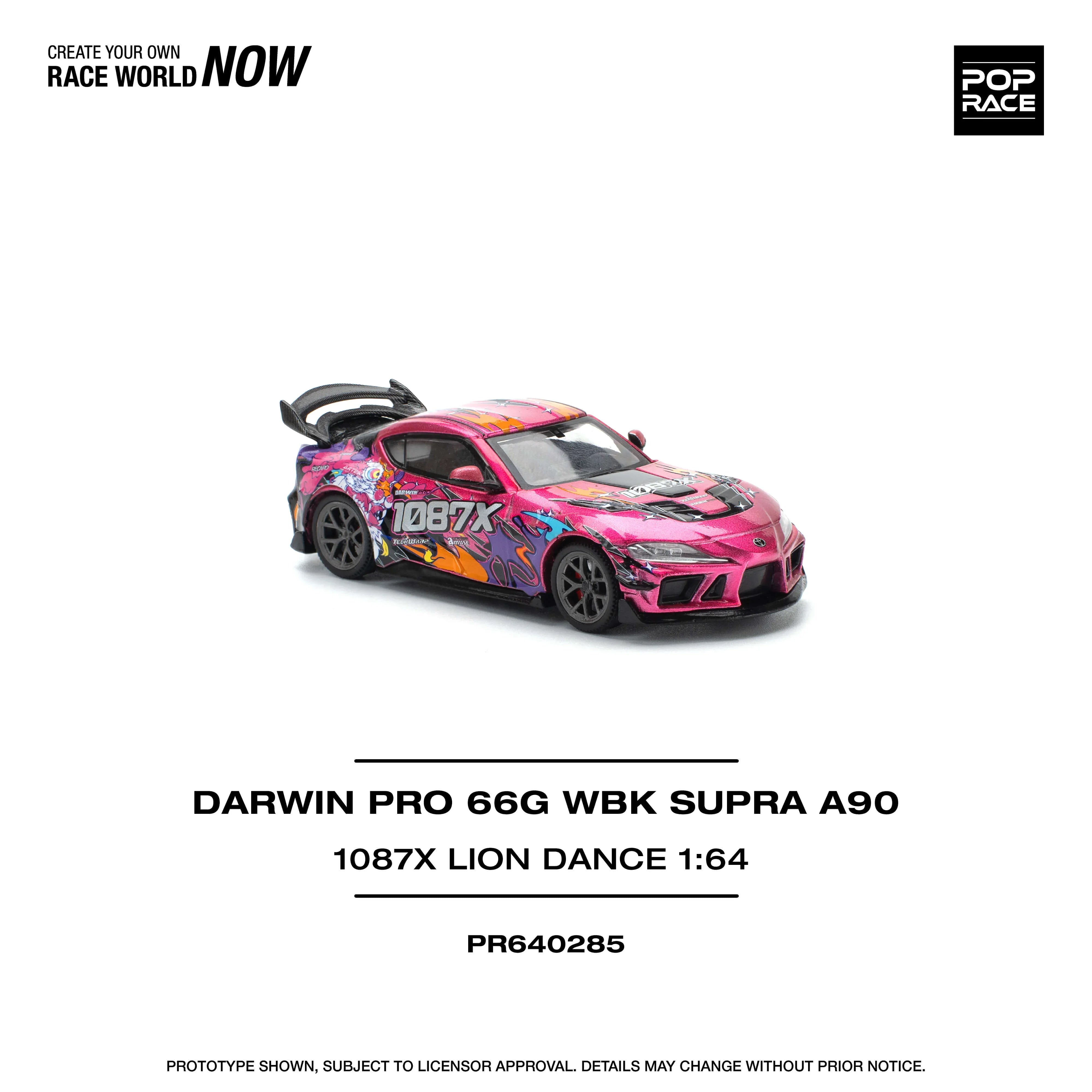 Premium scale diecast model car – Darwin Pro 66G Wbk Supra A 90-1087X Lion Dance, 1:64 Scale (Pink) Collectible