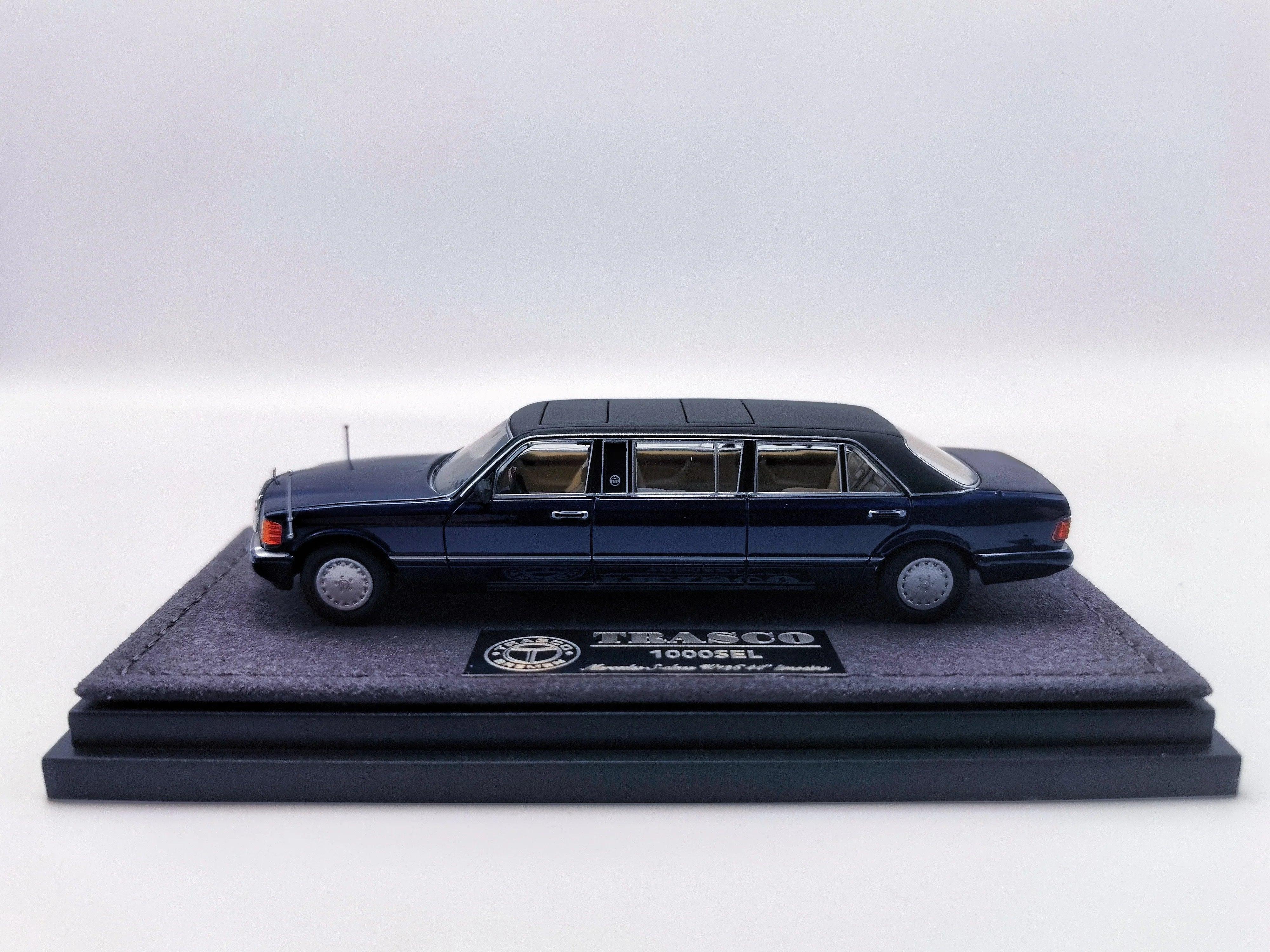 Premium scale diecast model car – *HEC 2026* Mercedes S-Class W126 44" Limosine Trasco 1000SEL, 1:64 Scale (Blue) Collectible