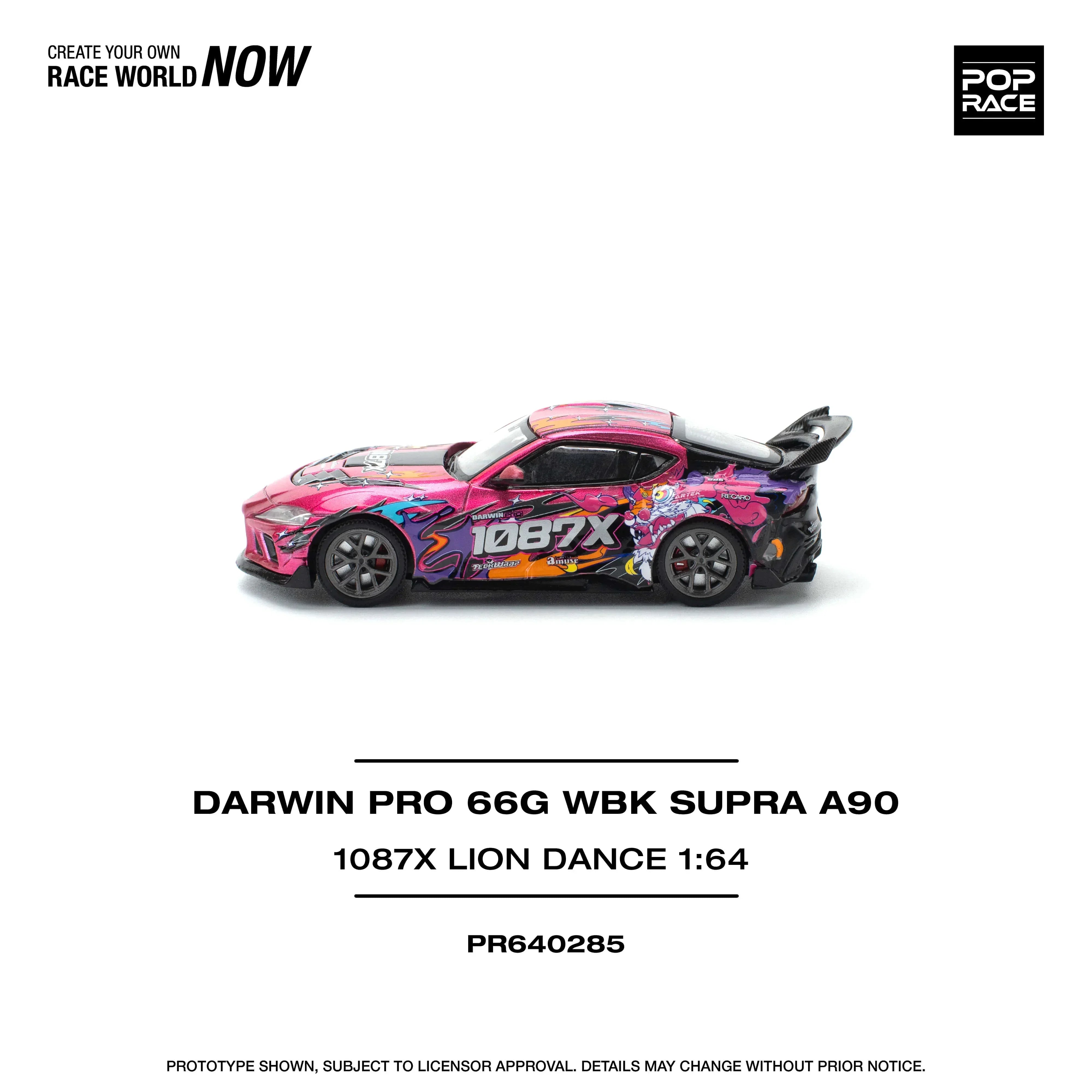 Premium scale diecast model car – Darwin Pro 66G Wbk Supra A 90-1087X Lion Dance, 1:64 Scale (Pink) Collectible