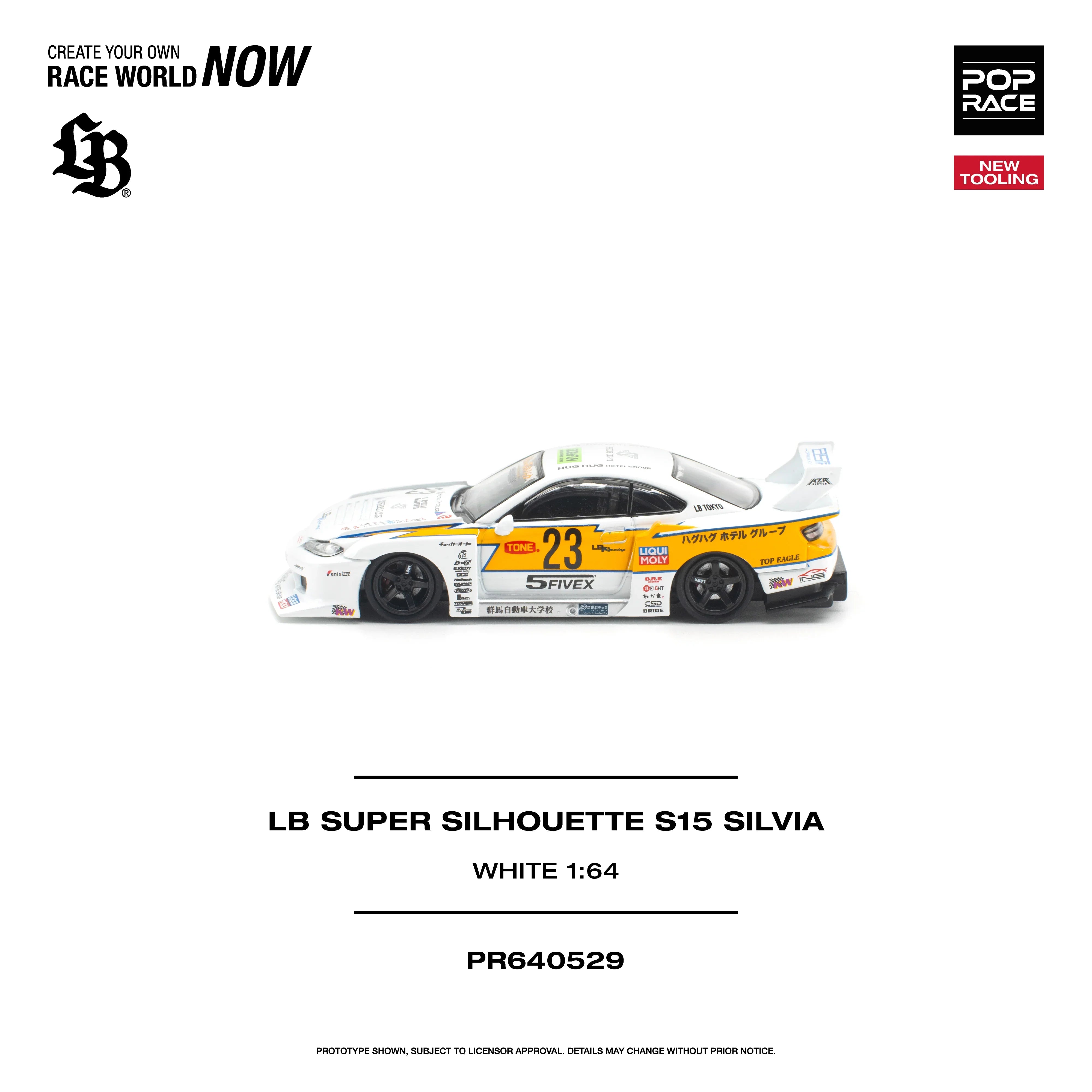 Premium scale diecast model car – *PRE-ORDER* Lb Super Silhouette S15 Silvia (Opening Engine Hood), 1:64 Scale (White) Collectible