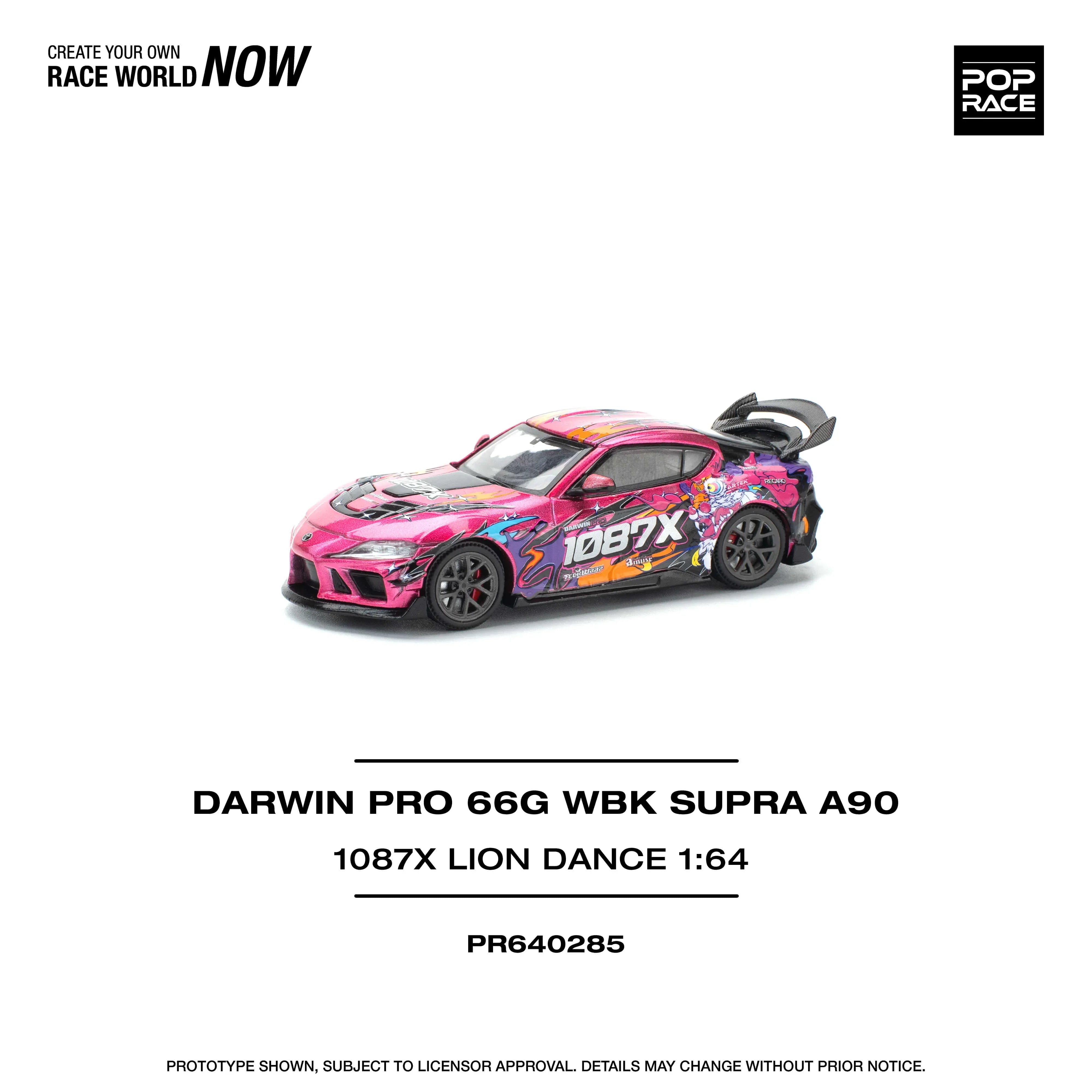 Premium scale diecast model car – Darwin Pro 66G Wbk Supra A 90-1087X Lion Dance, 1:64 Scale (Pink) Collectible