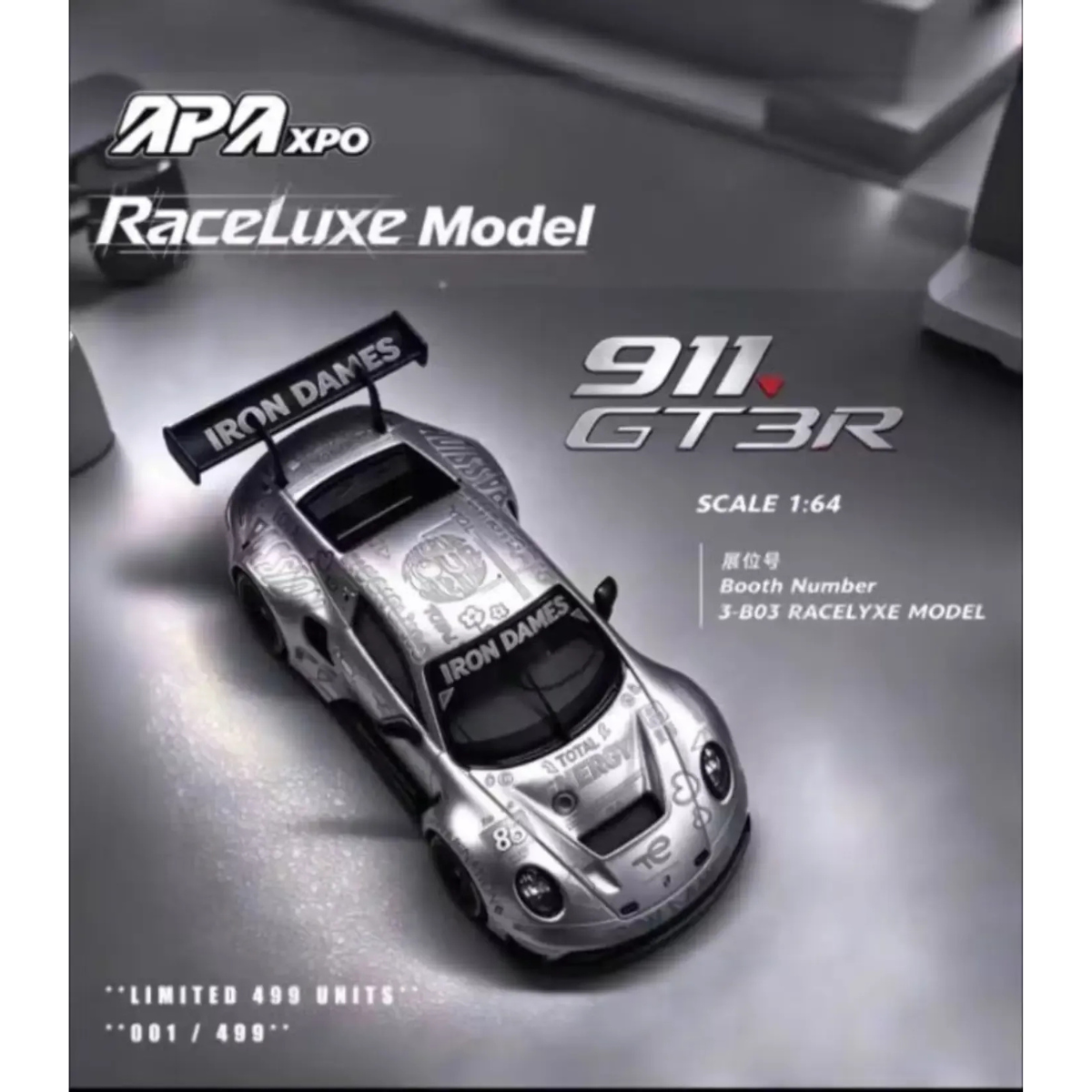 *APAXPO 2026* Porsche 911 GT3 R Silver Chrome Iron Dames livery (Resin) Limited to 499units, 1:64 Scale (Green/Yellow)