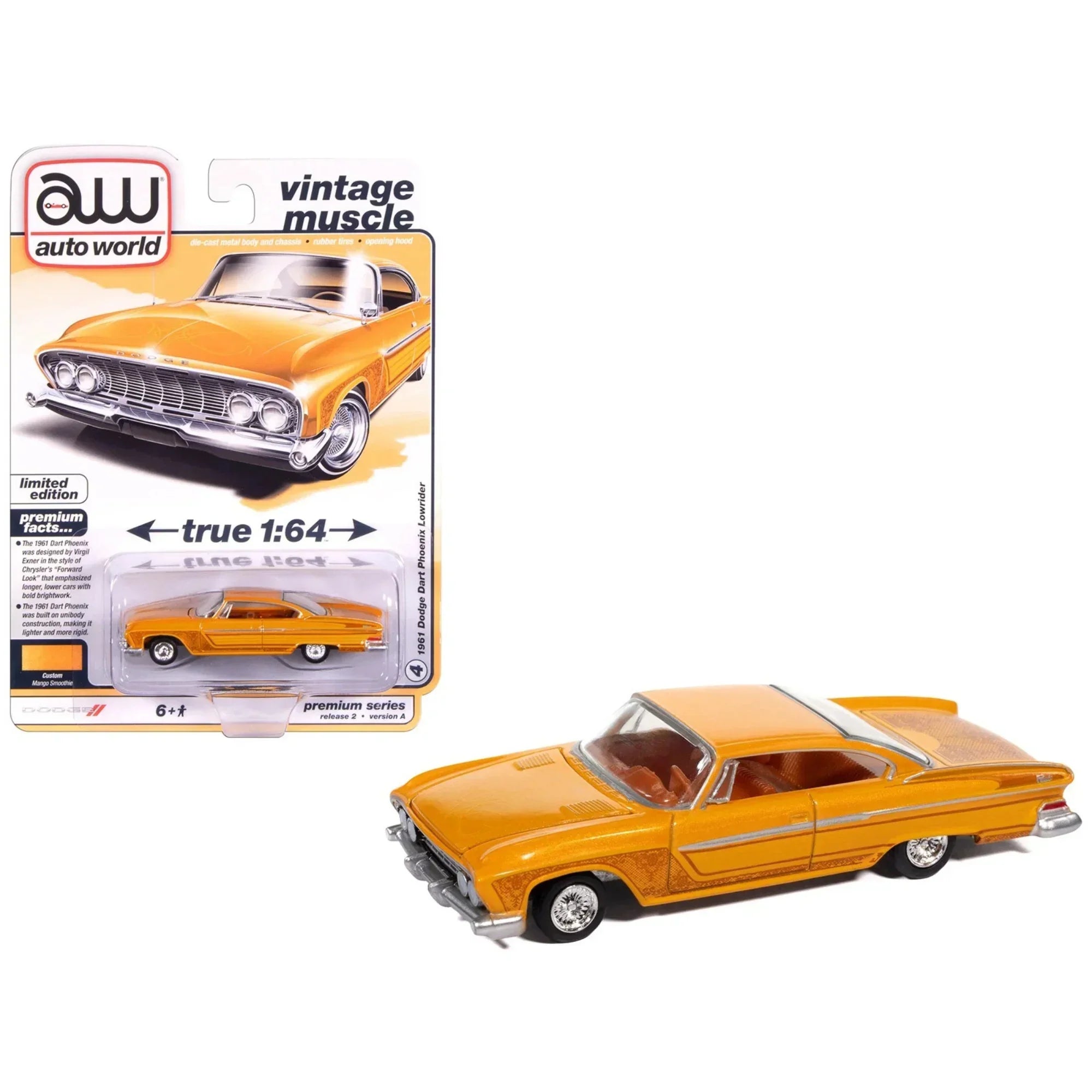 Premium scale diecast model car – Dodge Dart Phoenix Lowrider 1961 , 1:64 Scale (Orange) Collectible
