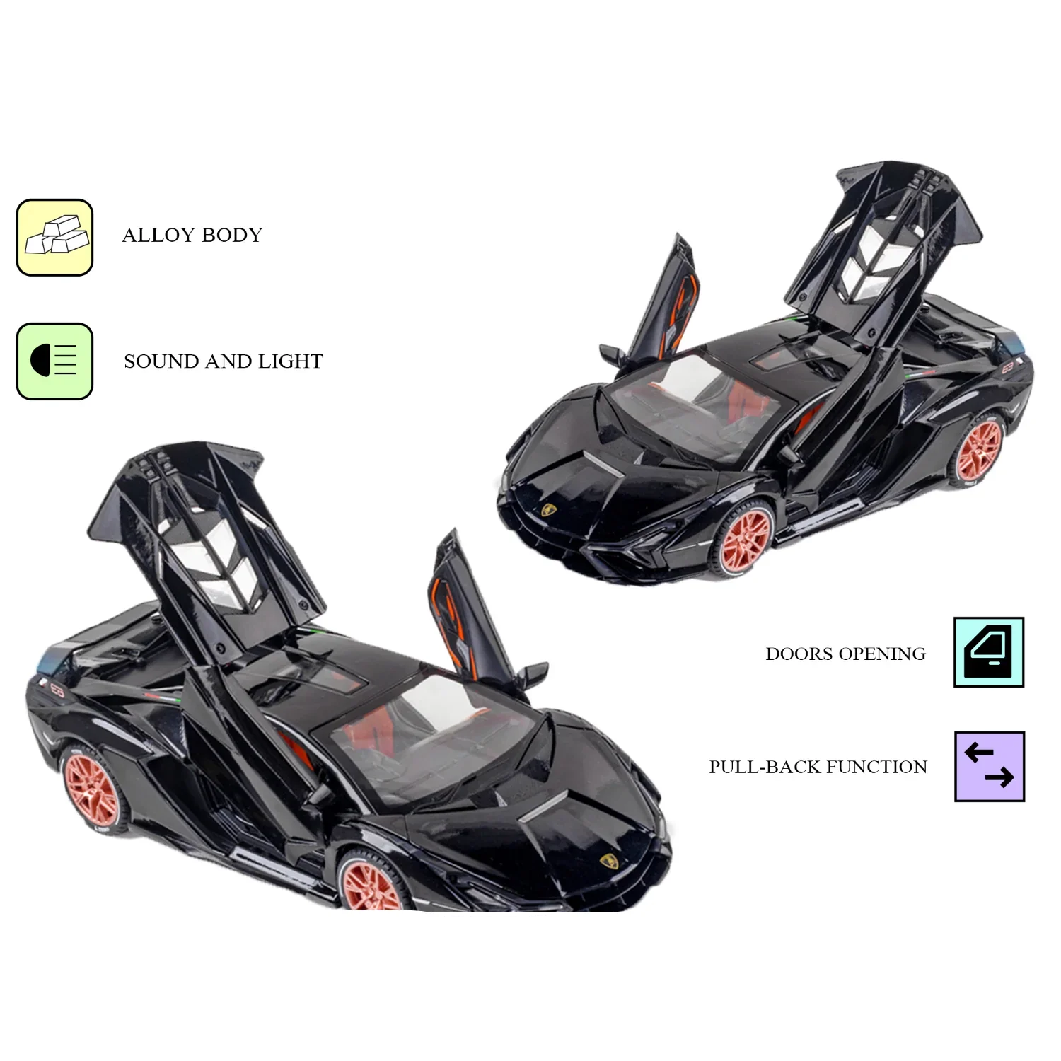 Premium scale diecast model car – Lamborghini Lightning - Light, Sound with Openable Doors, 1:24 Scale (Black) Collectible