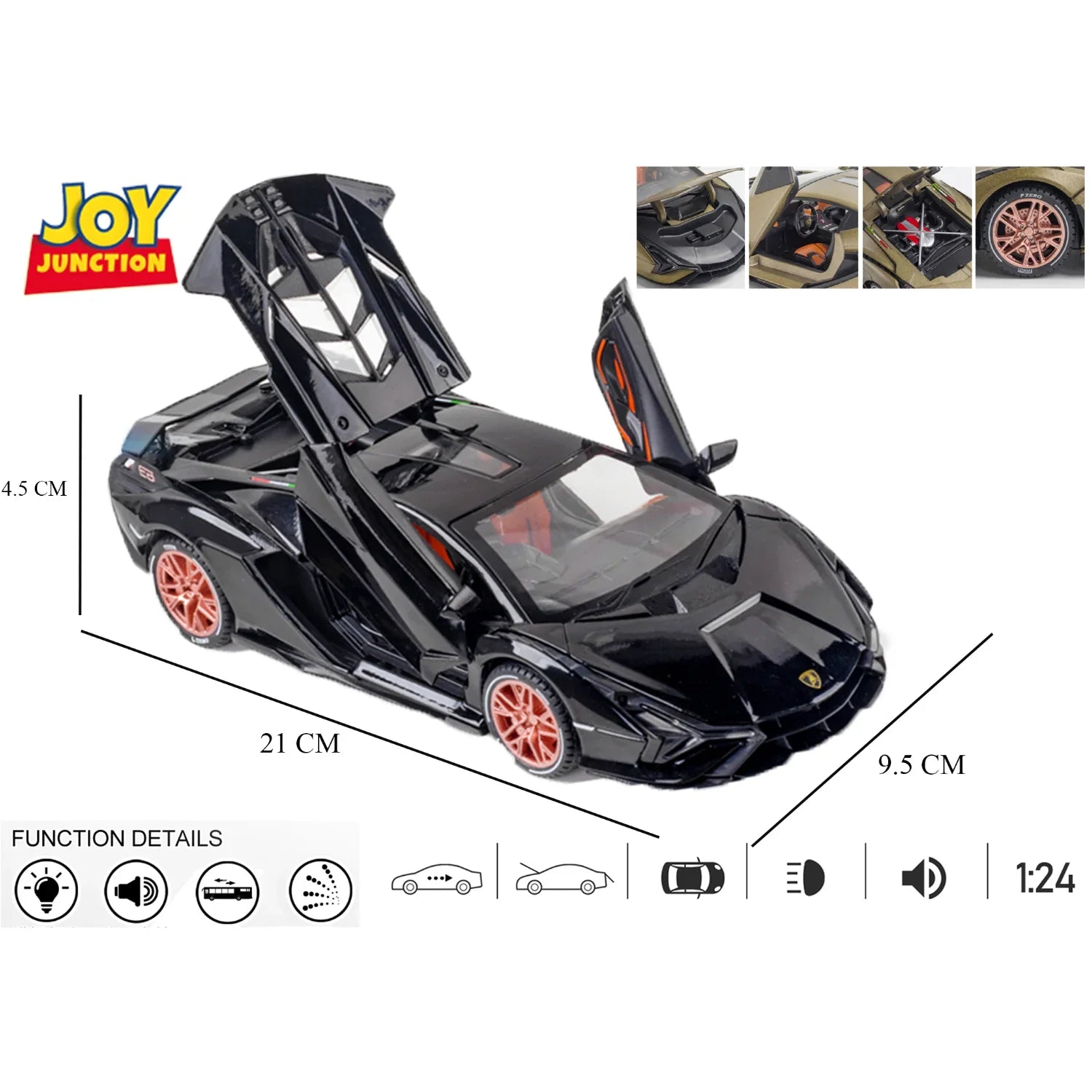 Premium scale diecast model car – Lamborghini Lightning - Light, Sound with Openable Doors, 1:24 Scale (Black) Collectible