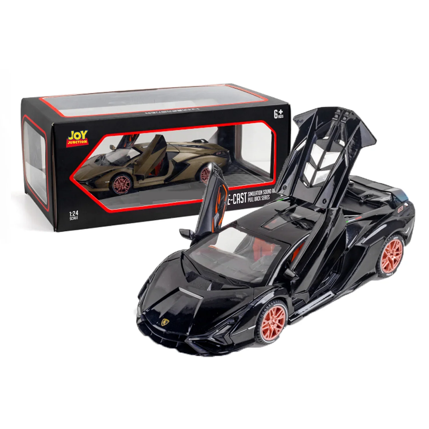 Premium scale diecast model car – Lamborghini Lightning - Light, Sound with Openable Doors, 1:24 Scale (Black) Collectible