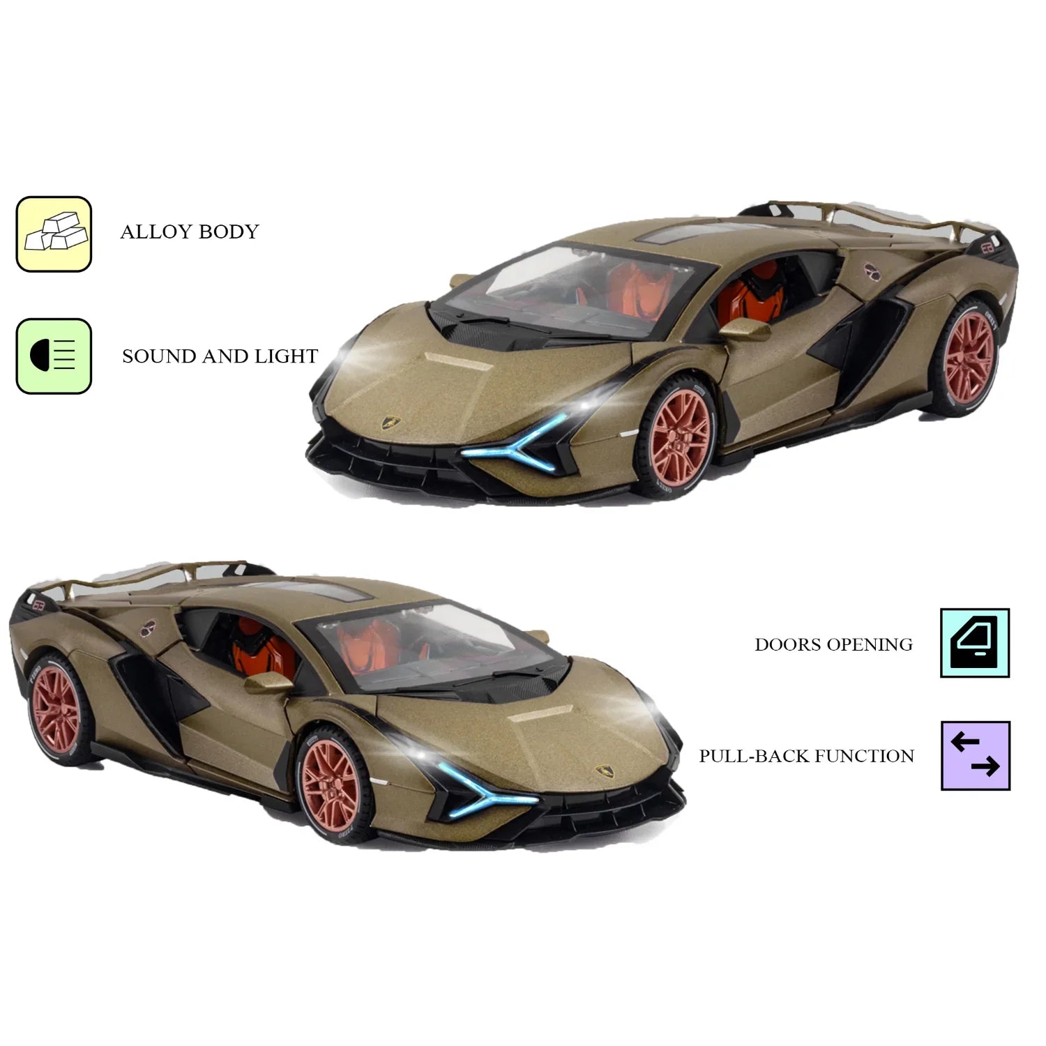 Premium scale diecast model car – Lamborghini Lightning - Light, Sound with Openable Doors, 1:24 Scale (Brown) Collectible