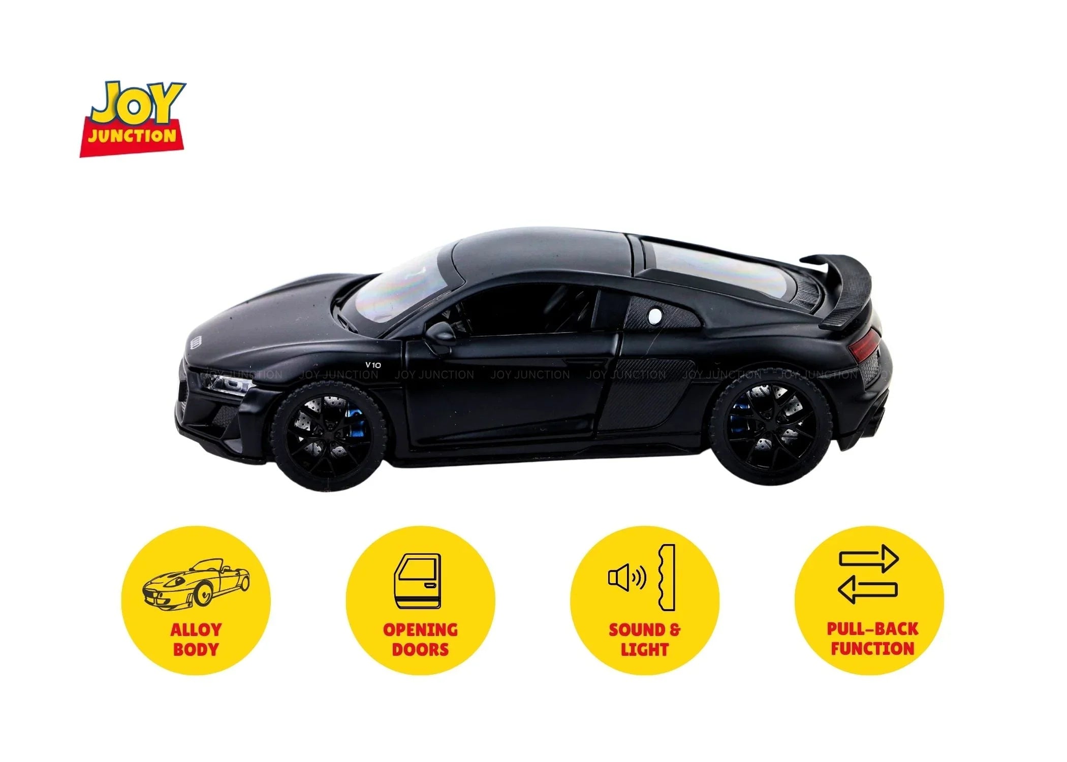 Premium scale diecast model car – Audi R8 Pullback Toy Car - Light, Sound with Openable Doors, 1:32 Scale (Black) Collectible