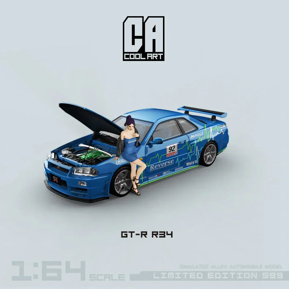 Premium scale diecast model car – *PRE-ORDER* CoolArt-R34 - Open Cover Blue No. 92 - Figure Edition(Limited to 999), 1:64 Scale Collectible