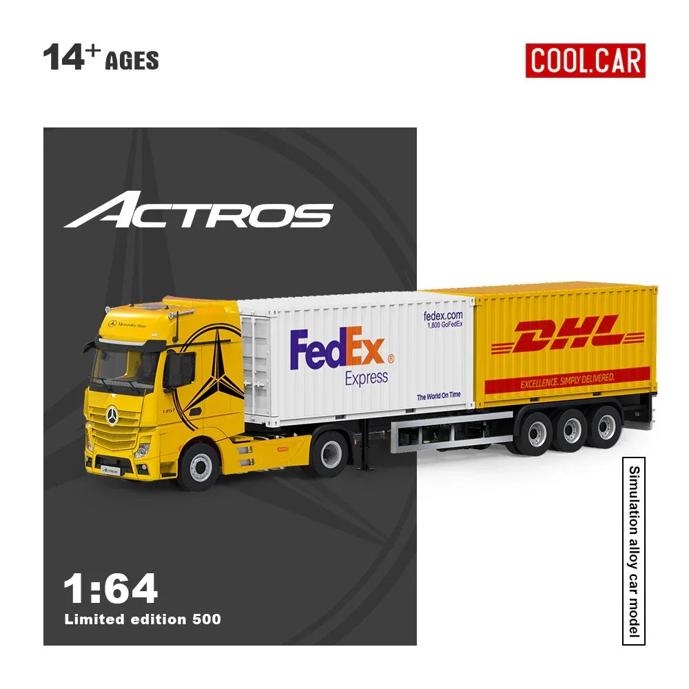 Premium scale diecast model car – *PRE-ORDER* CC - Mercedes Benz Actros Cargo Container Truck, 1:64 Scale (Yellow) Collectible