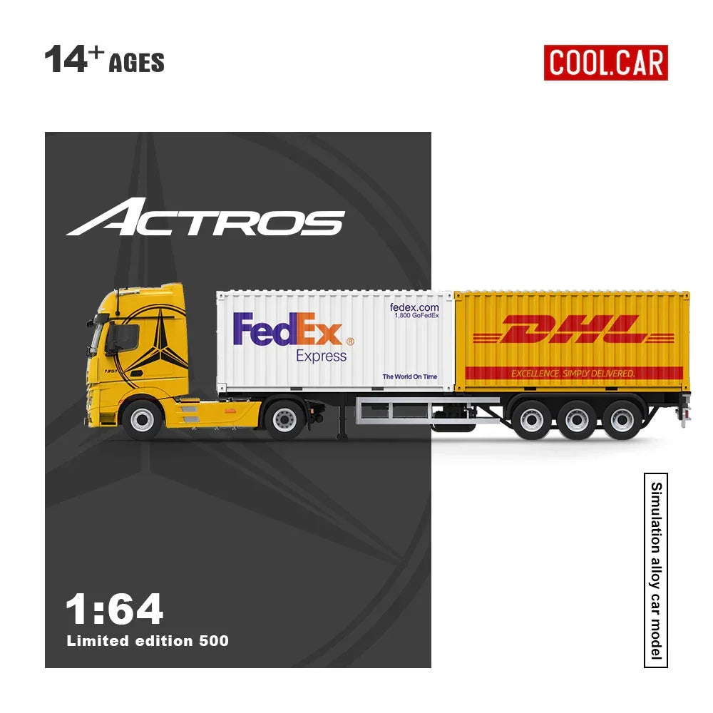 Premium scale diecast model car – *PRE-ORDER* CC - Mercedes Benz Actros Cargo Container Truck, 1:64 Scale (Yellow) Collectible