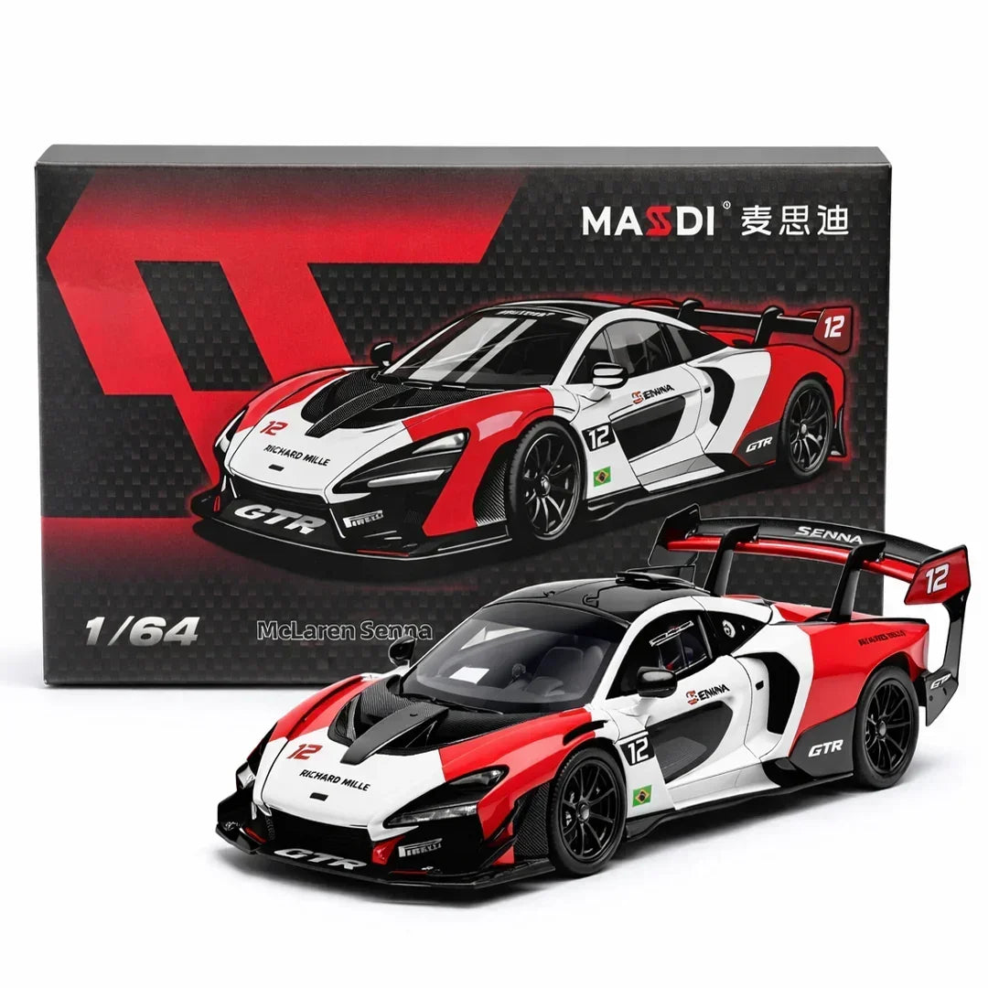 Premium scale diecast model car – McLaren Senna, 1:64 Scale (White - Red) Collectible
