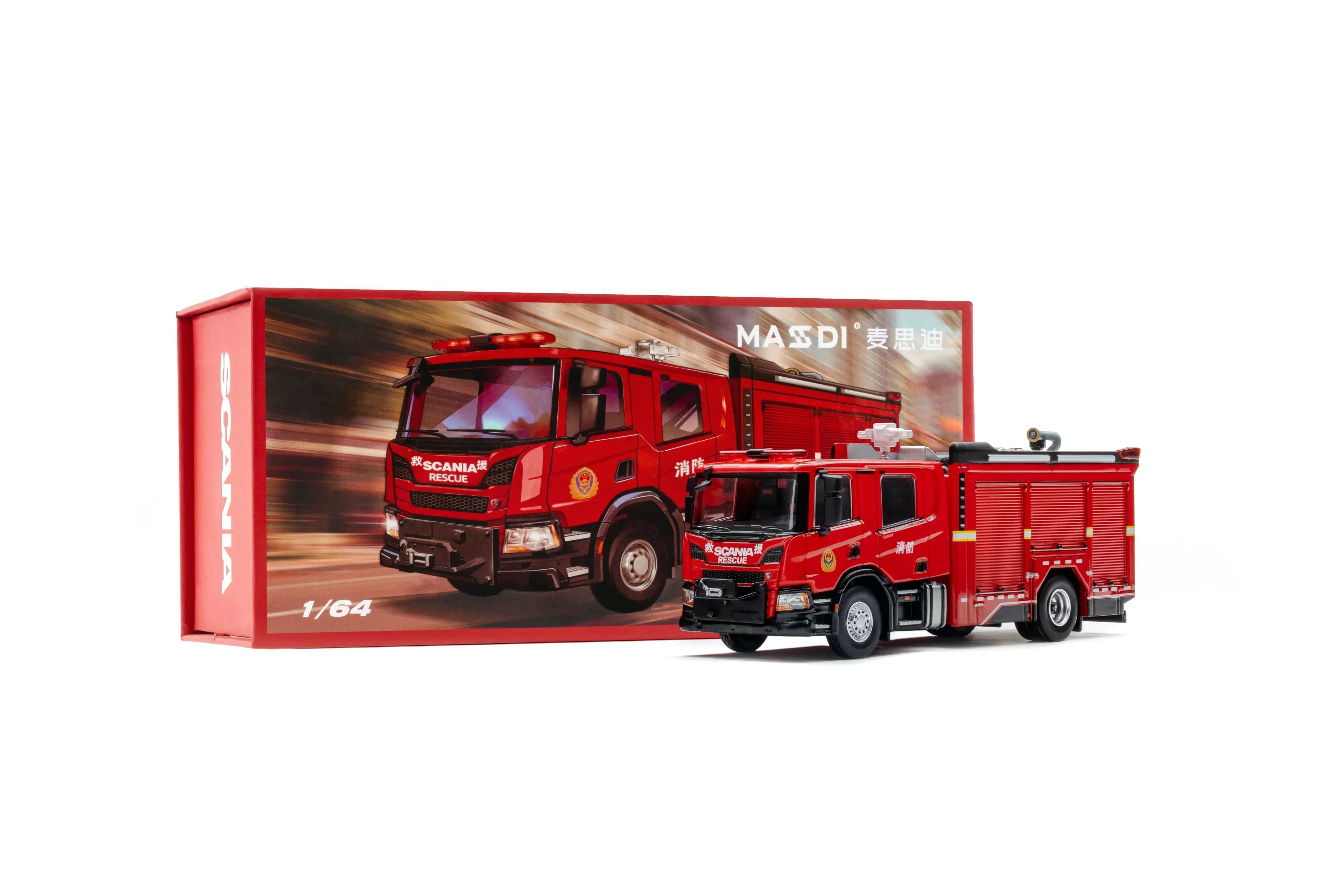 Premium scale diecast model car – *HEC 2026* Scania Urban Main Battle Fire Truck, 1:64 Scale (Red) Collectible