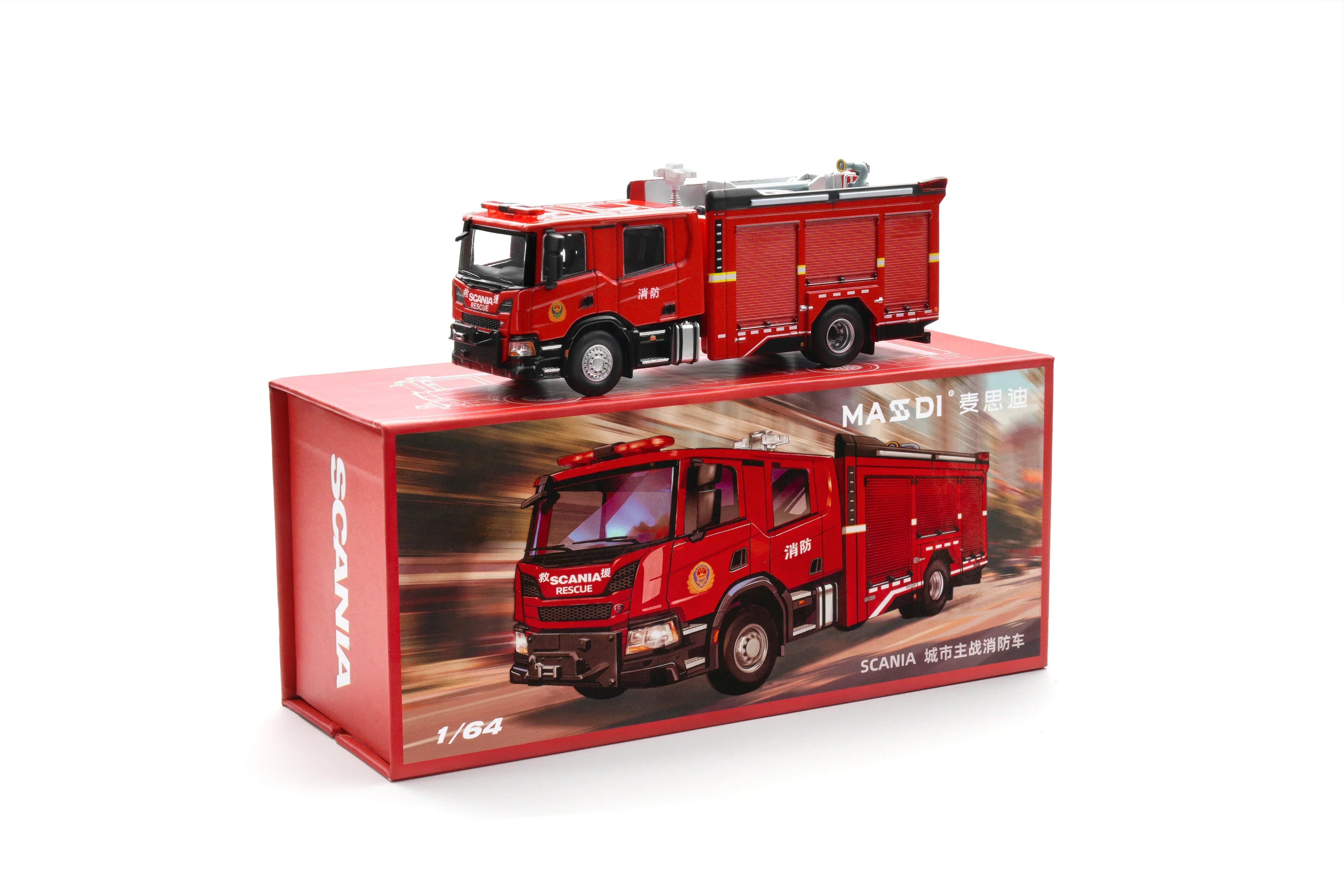 Premium scale diecast model car – *HEC 2026* Scania Urban Main Battle Fire Truck, 1:64 Scale (Red) Collectible