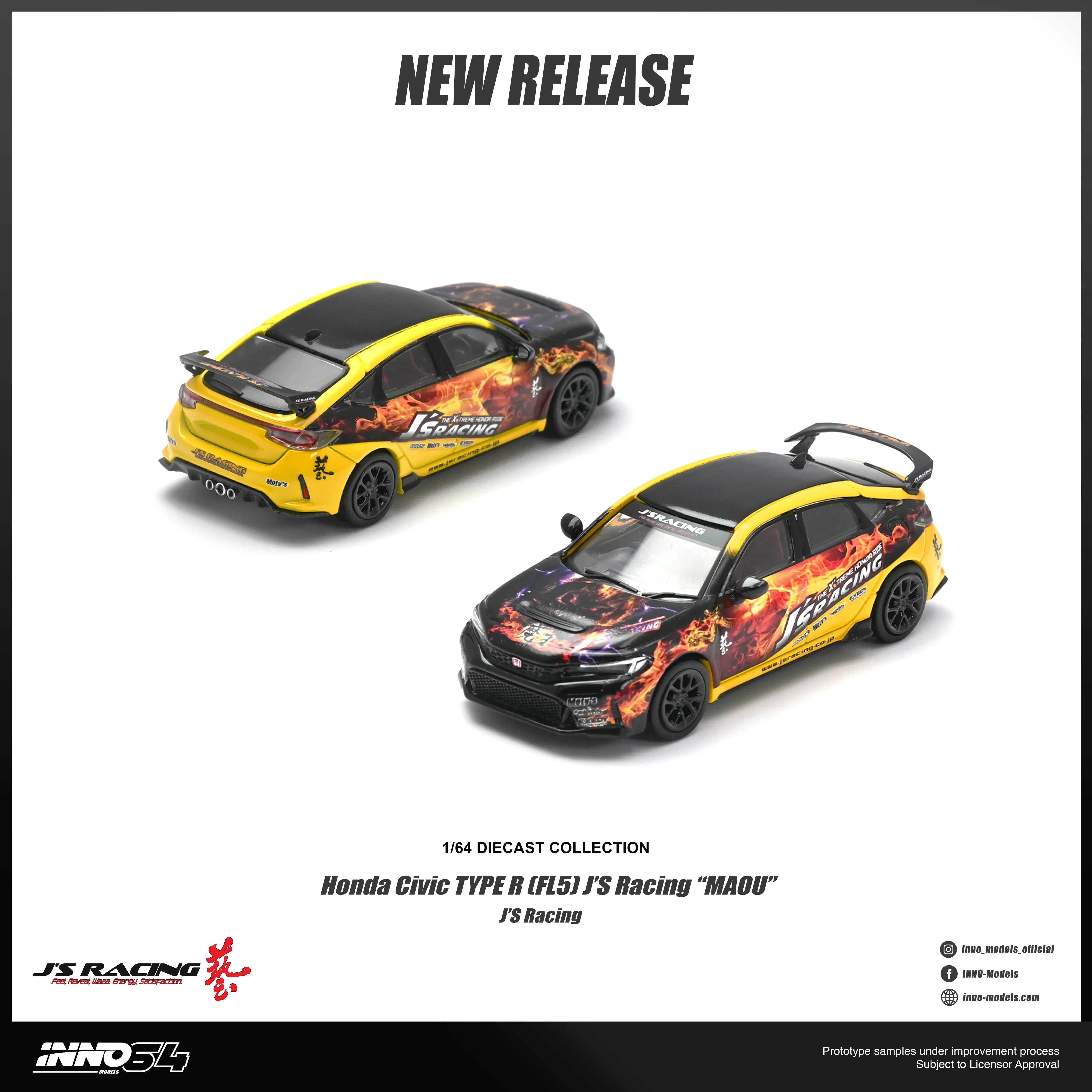 Premium scale diecast model car – *PRE-ORDER* Honda Civic Type R (FL5) J'S Racing "MAOU", 1:64 Scale Collectible