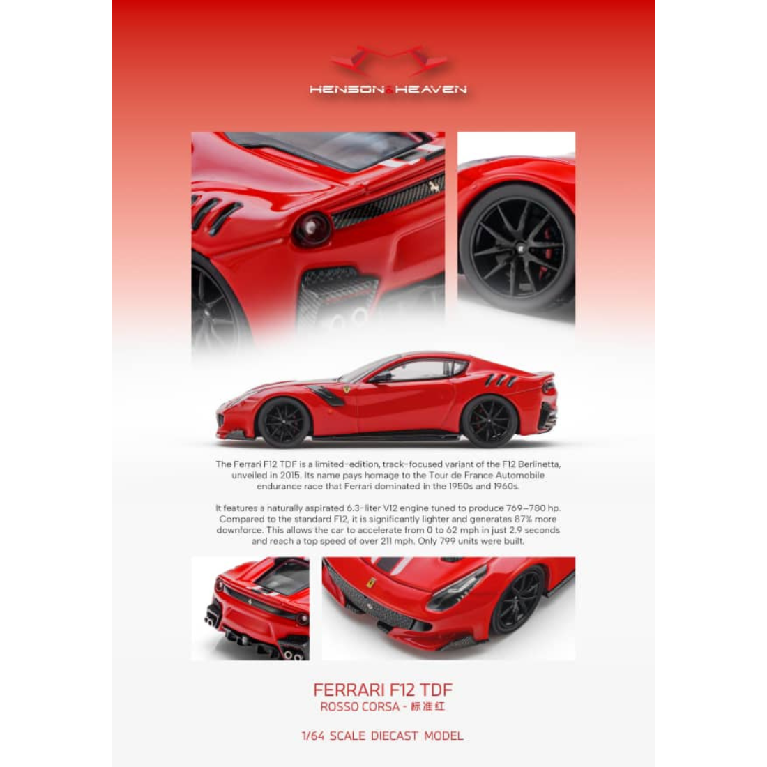 *PRE-ORDER* Ferrari F12 TDF Rosso Corsa with Black Stripe, 1:64 Scale