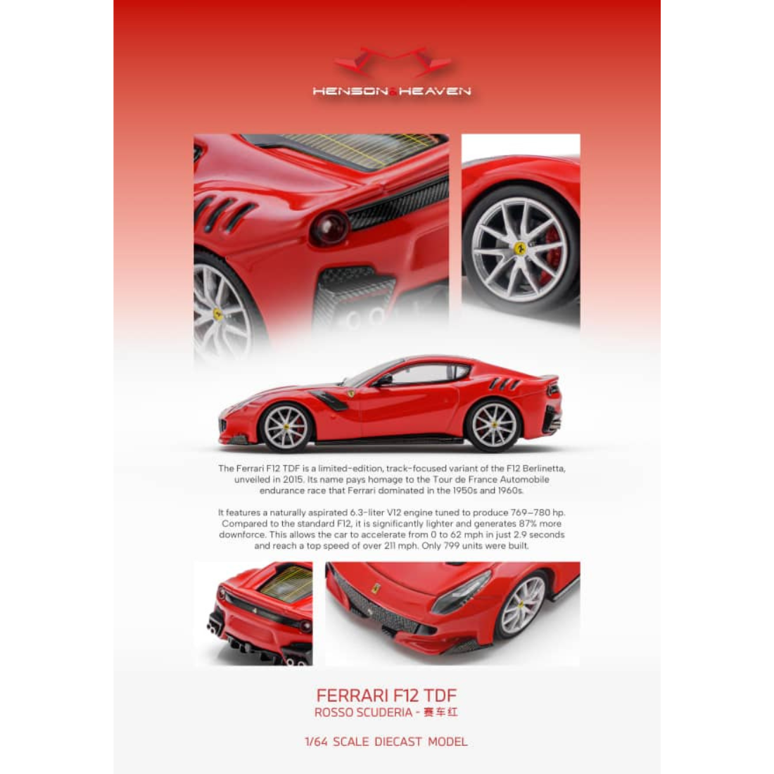 *PRE-ORDER* Ferrari F12 TDF Rosso Scuderia with Silver Rims, 1:64 Scale
