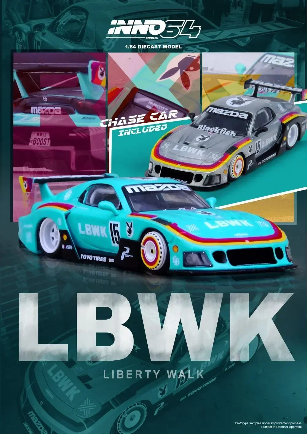 Premium scale diecast model car – *PRE-ORDER* Mazda RX7 (FD3S) LB-Super Silhouette (Teal) (Chance of Grey Chase Car), 1:64 Scale Collectible
