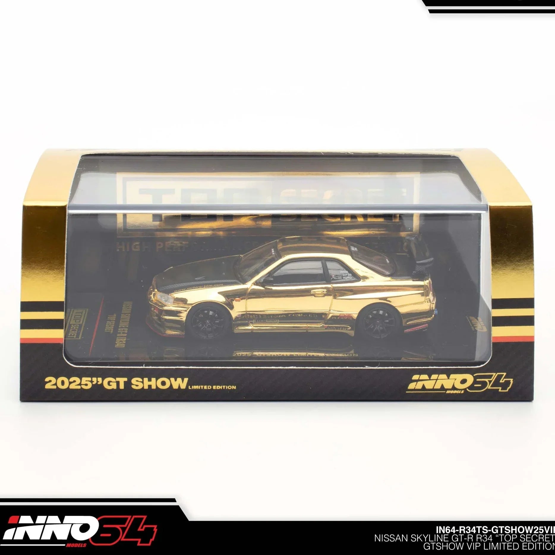 Premium scale diecast model car – Nissan Skyline GT-R R34 Top Secret GTSHOW 2025 Event Edition,1:64 Scale (Gold) Collectible