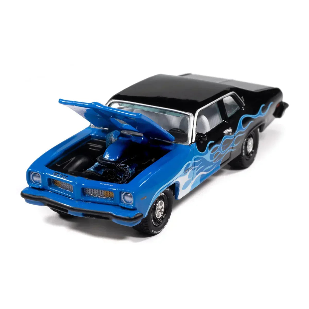 Premium scale diecast model car – Street Freaks 1974 Pontiac GTO (Black With Blue Flames) , 1:64 Scale (Blue) Collectible