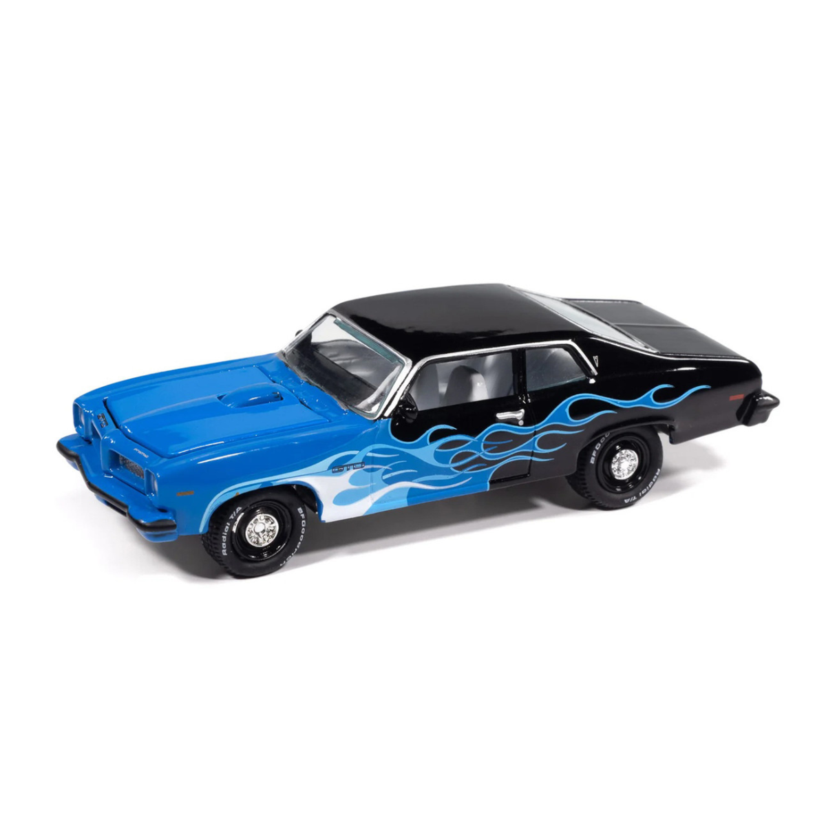Premium scale diecast model car – Street Freaks 1974 Pontiac GTO (Black With Blue Flames) , 1:64 Scale (Blue) Collectible
