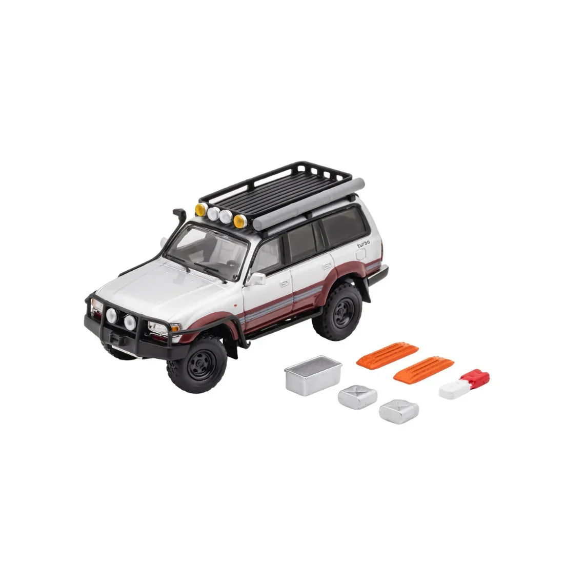 Premium scale diecast model car – *PRE-ORDER* Toyota Land Cruiser LC80 Modified with Off-Road Accessories,1:64 Scale (Silver & Maroon) Collectible