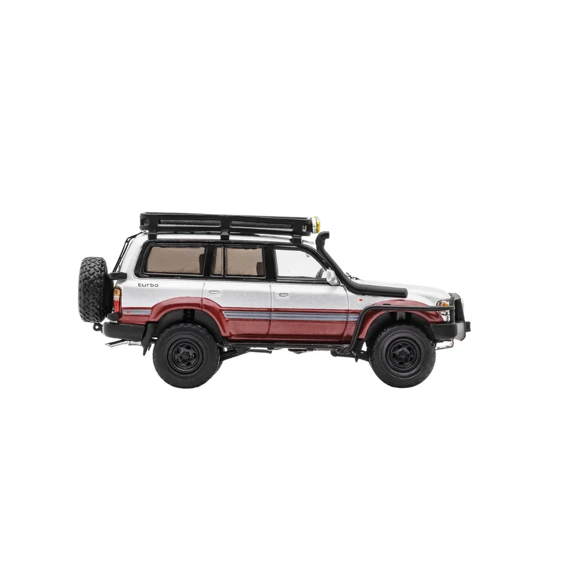 Premium scale diecast model car – *PRE-ORDER* Toyota Land Cruiser LC80 Modified with Off-Road Accessories,1:64 Scale (Silver & Maroon) Collectible