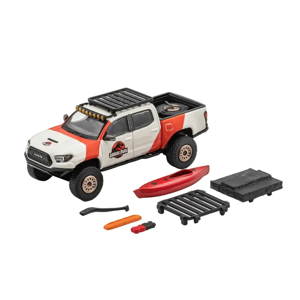 Premium scale diecast model car – Toyota Tacoma Widebody Jurassic Livery (Left Tie), 1:64 Scale (White) Collectible