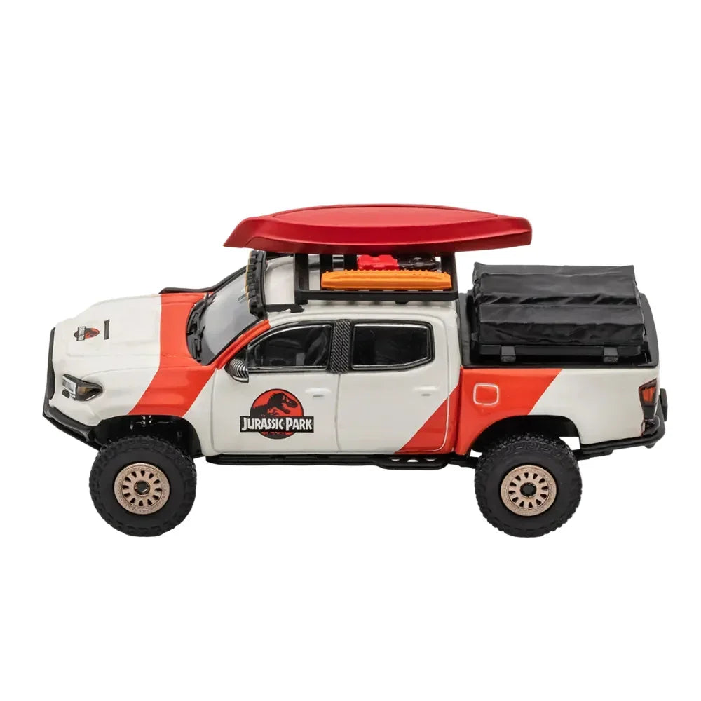Premium scale diecast model car – Toyota Tacoma Widebody Jurassic Livery (Left Tie), 1:64 Scale (White) Collectible