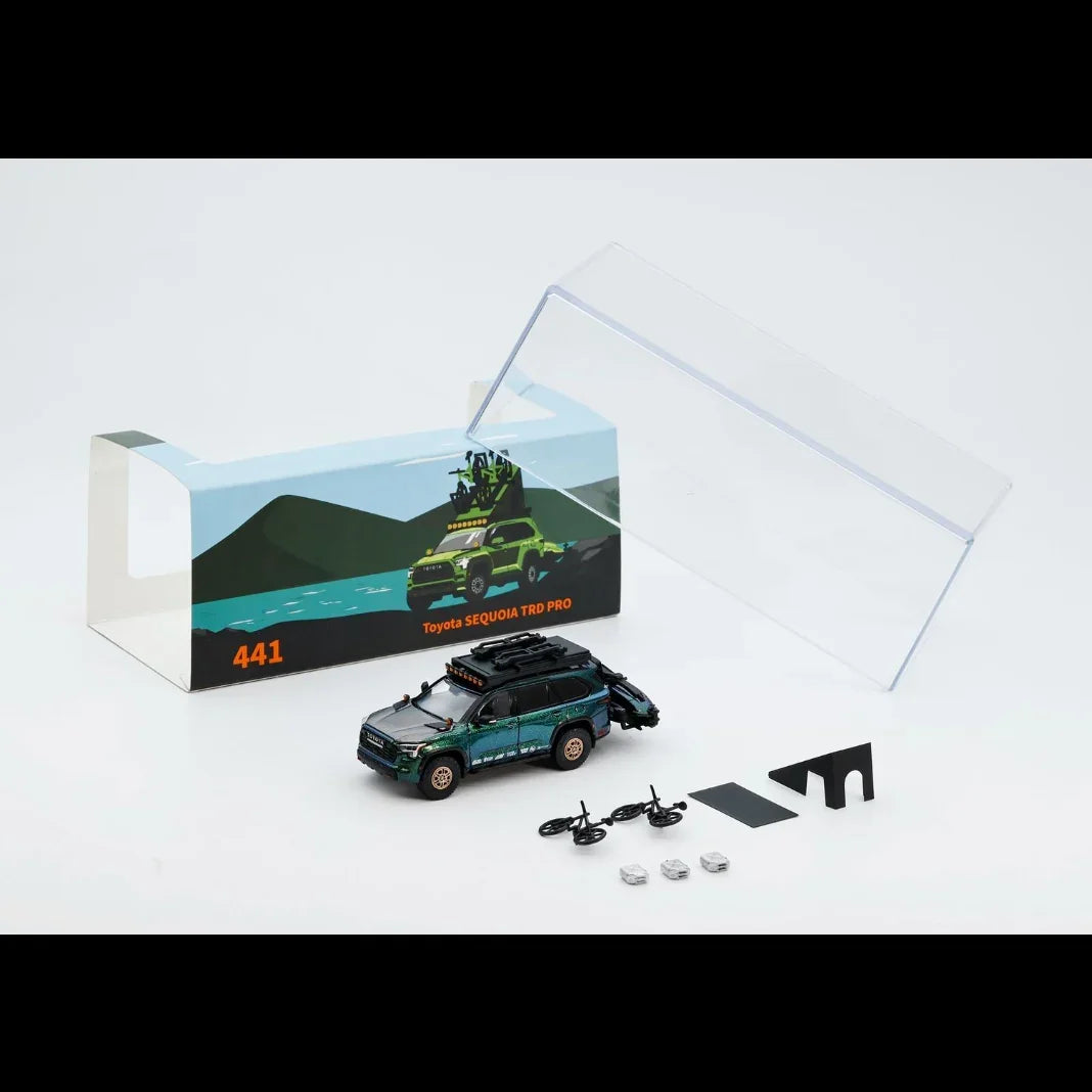 Premium scale diecast model car – *PRE-ORDER* Toyota Sequoia TRD Pro with Boat, Bicycle & Other Accessories Included Magic Green, 1:64 Scale (Chameleon Green) Collectible