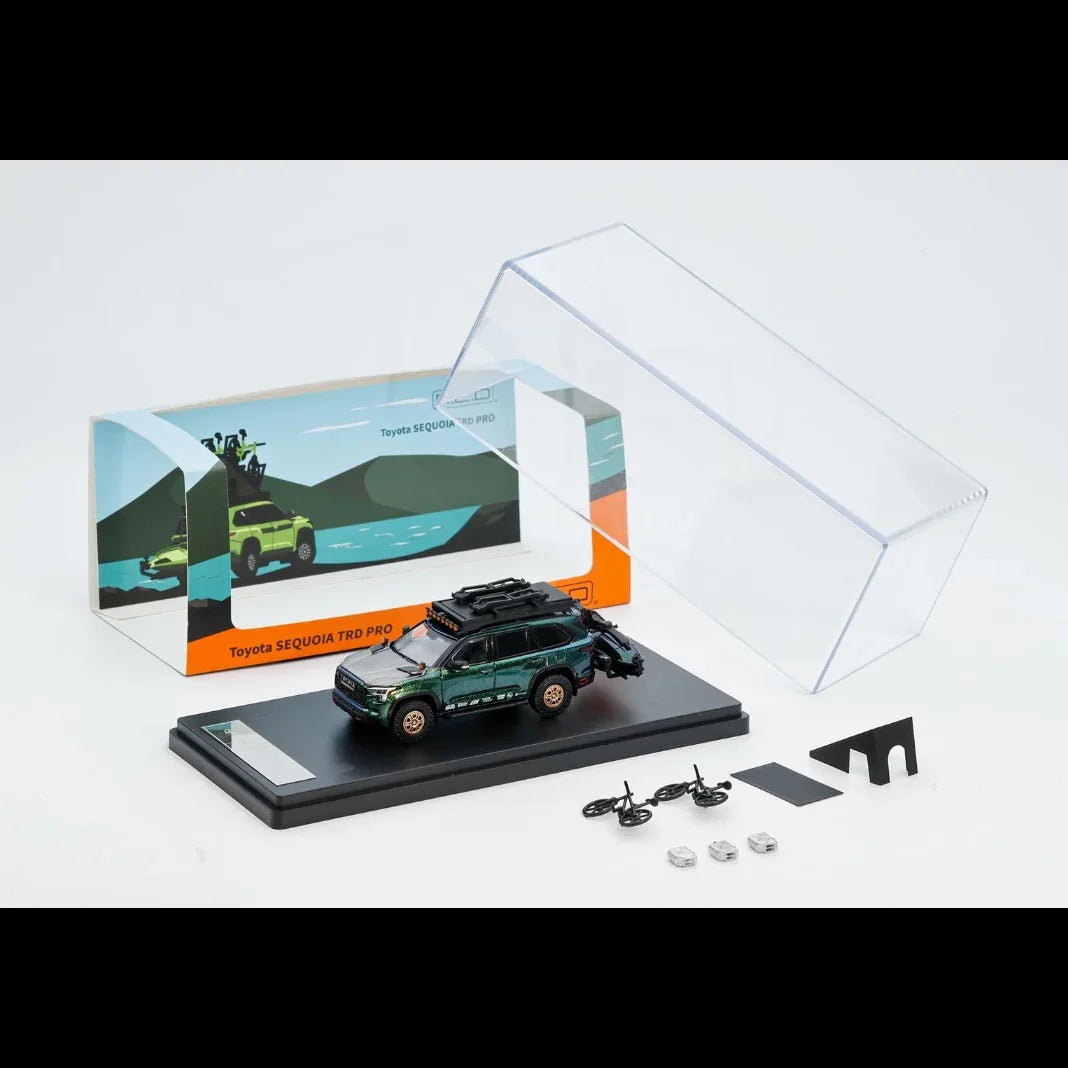 Premium scale diecast model car – *PRE-ORDER* Toyota Sequoia TRD Pro with Boat, Bicycle & Other Accessories Included Magic Green, 1:64 Scale (Chameleon Green) Collectible
