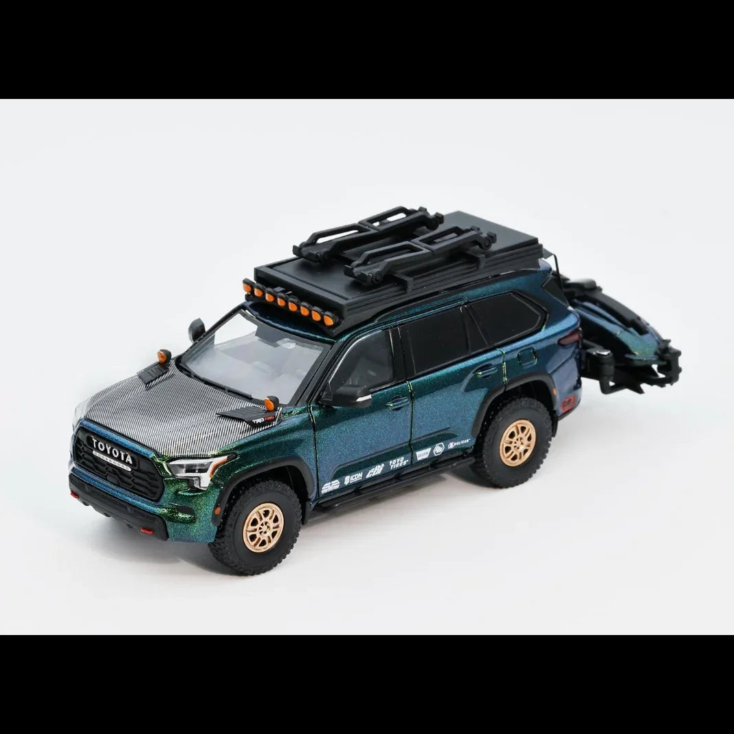 Premium scale diecast model car – *PRE-ORDER* Toyota Sequoia TRD Pro with Boat, Bicycle & Other Accessories Included Magic Green, 1:64 Scale (Chameleon Green) Collectible