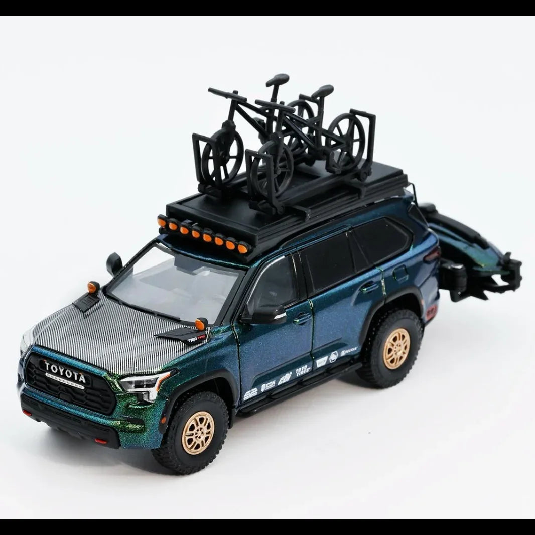 Premium scale diecast model car – *PRE-ORDER* Toyota Sequoia TRD Pro with Boat, Bicycle & Other Accessories Included Magic Green, 1:64 Scale (Chameleon Green) Collectible