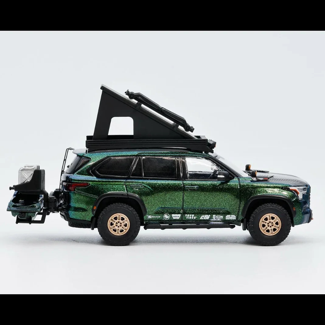 Premium scale diecast model car – *PRE-ORDER* Toyota Sequoia TRD Pro with Boat, Bicycle & Other Accessories Included Magic Green, 1:64 Scale (Chameleon Green) Collectible