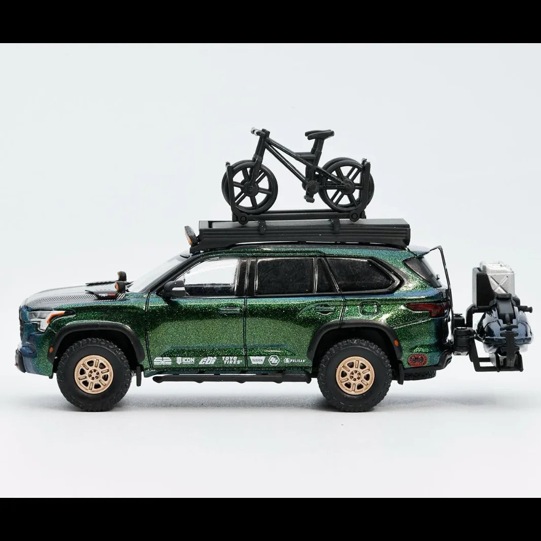 Premium scale diecast model car – *PRE-ORDER* Toyota Sequoia TRD Pro with Boat, Bicycle & Other Accessories Included Magic Green, 1:64 Scale (Chameleon Green) Collectible