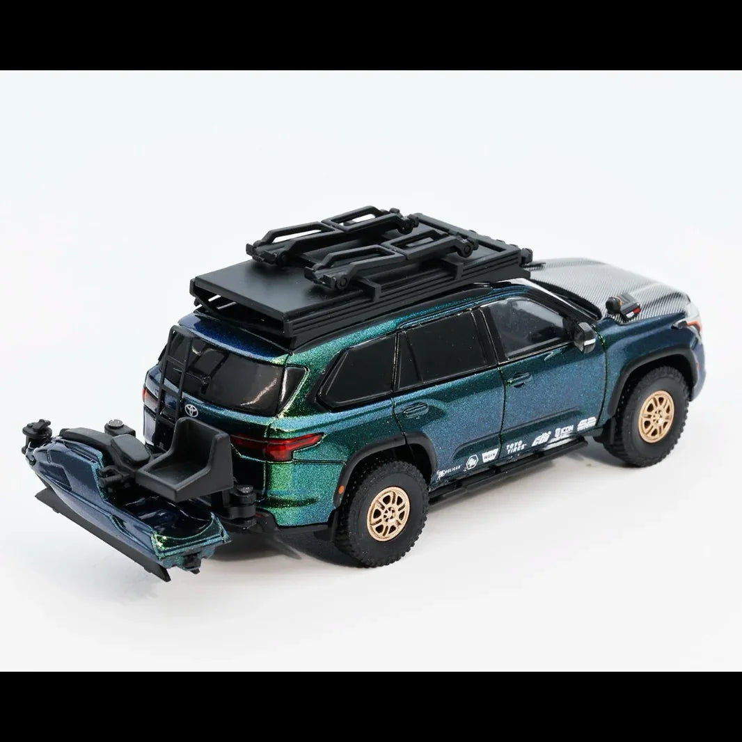 Premium scale diecast model car – *PRE-ORDER* Toyota Sequoia TRD Pro with Boat, Bicycle & Other Accessories Included Magic Green, 1:64 Scale (Chameleon Green) Collectible