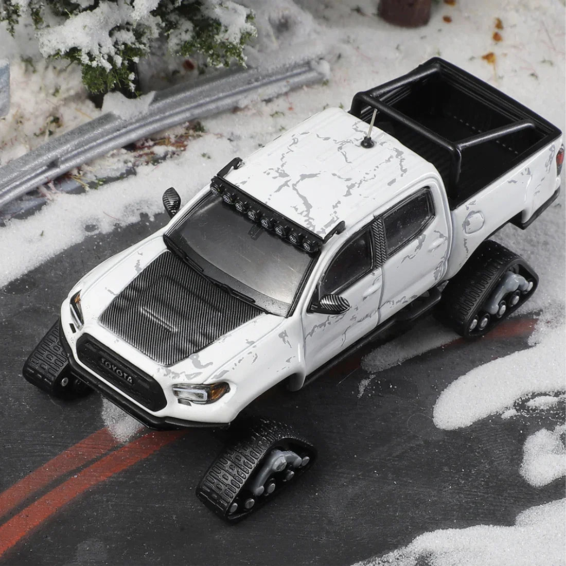 Premium scale diecast model car – *PRE-ORDER* Toyota Tacoma Snow Edition White Stone Texture LHD with 8 Accessories 2022, 1:64 Scale Collectible
