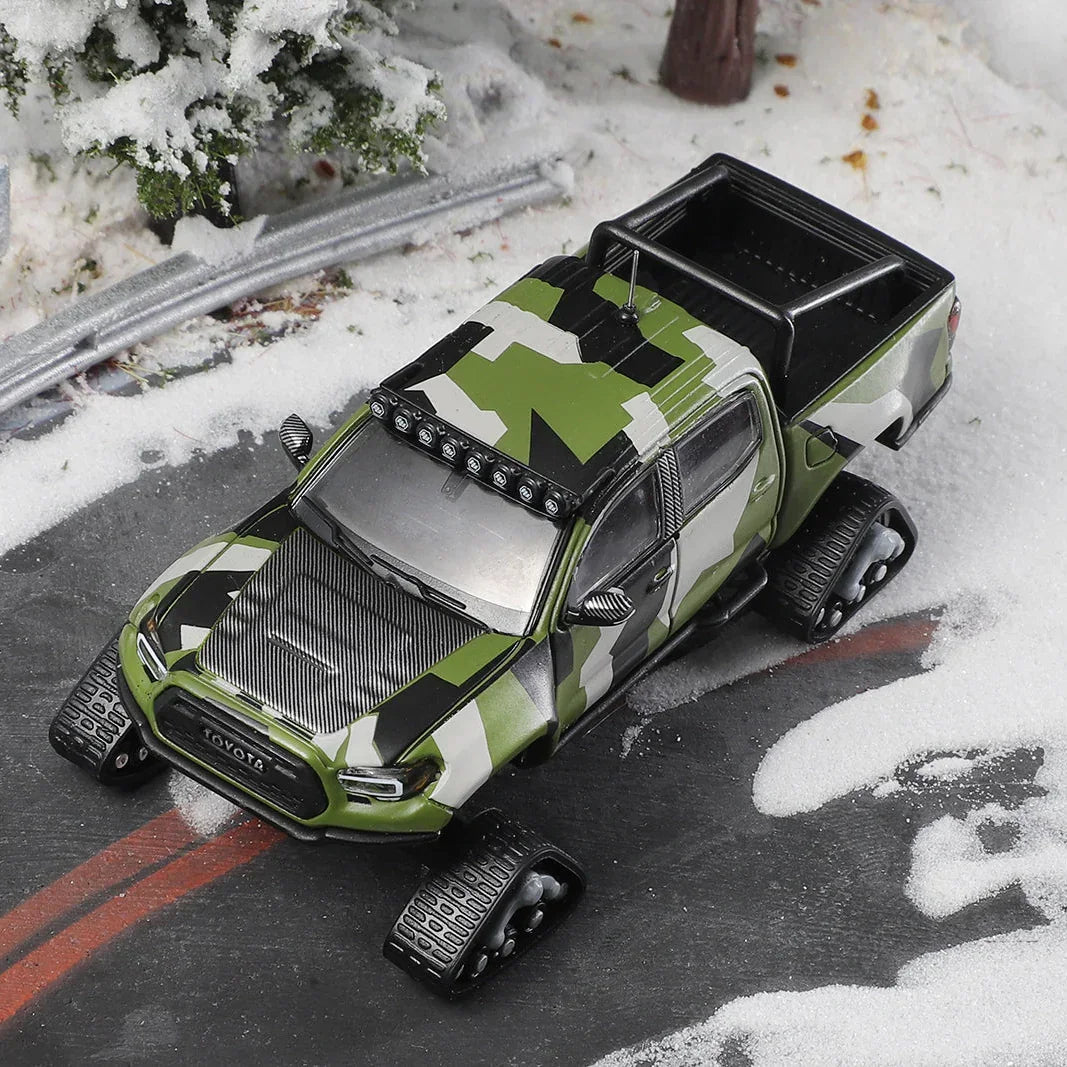 Premium scale diecast model car – Toyota Tacoma No.510 Pre-Runner Snow Mobile with Tank Track, 1:64 Scale (Camouflage) Collectible