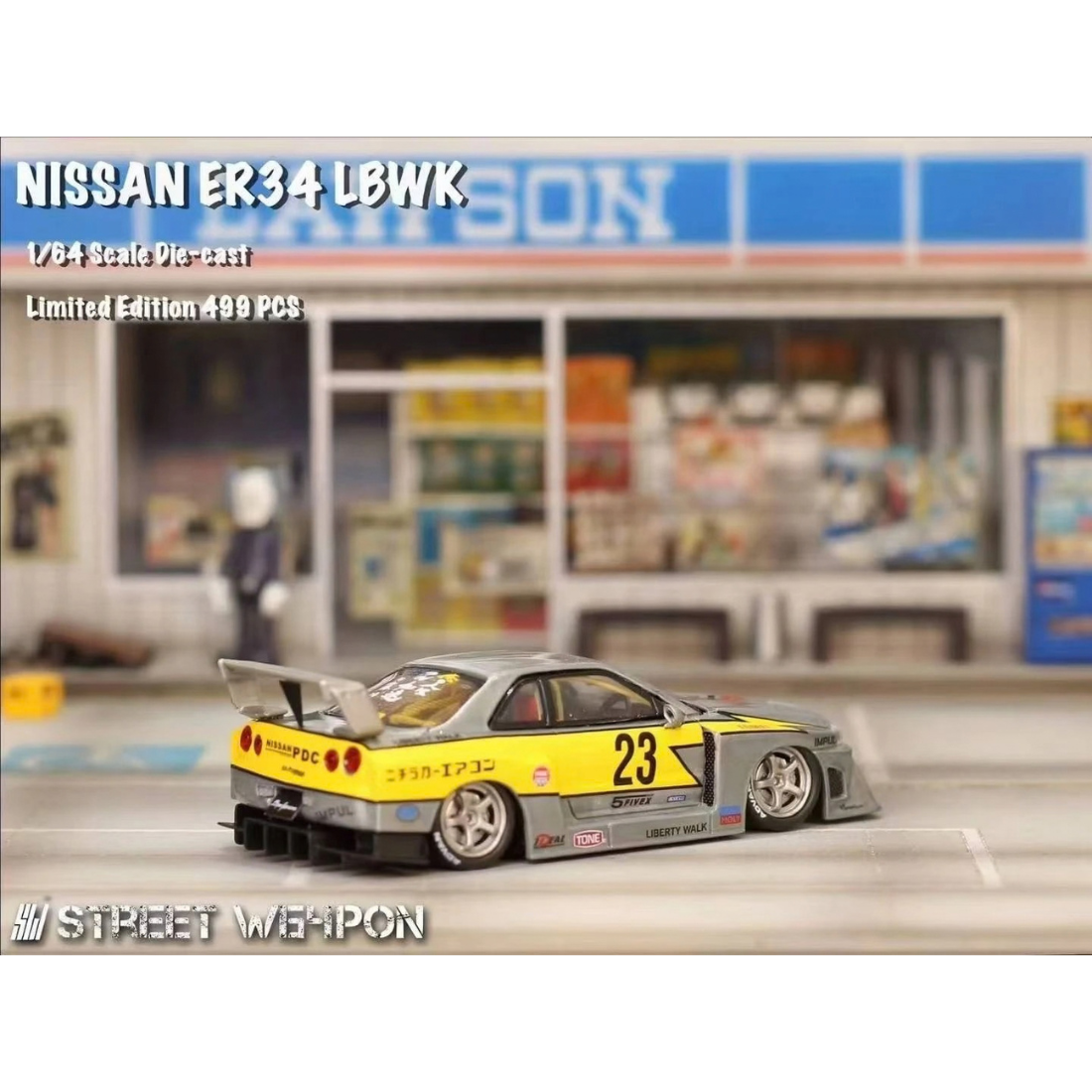 Nissan Skyline GT-R GTR R34 ER34 LBWK #23, 1:64 Scale (Silver & Yellow)