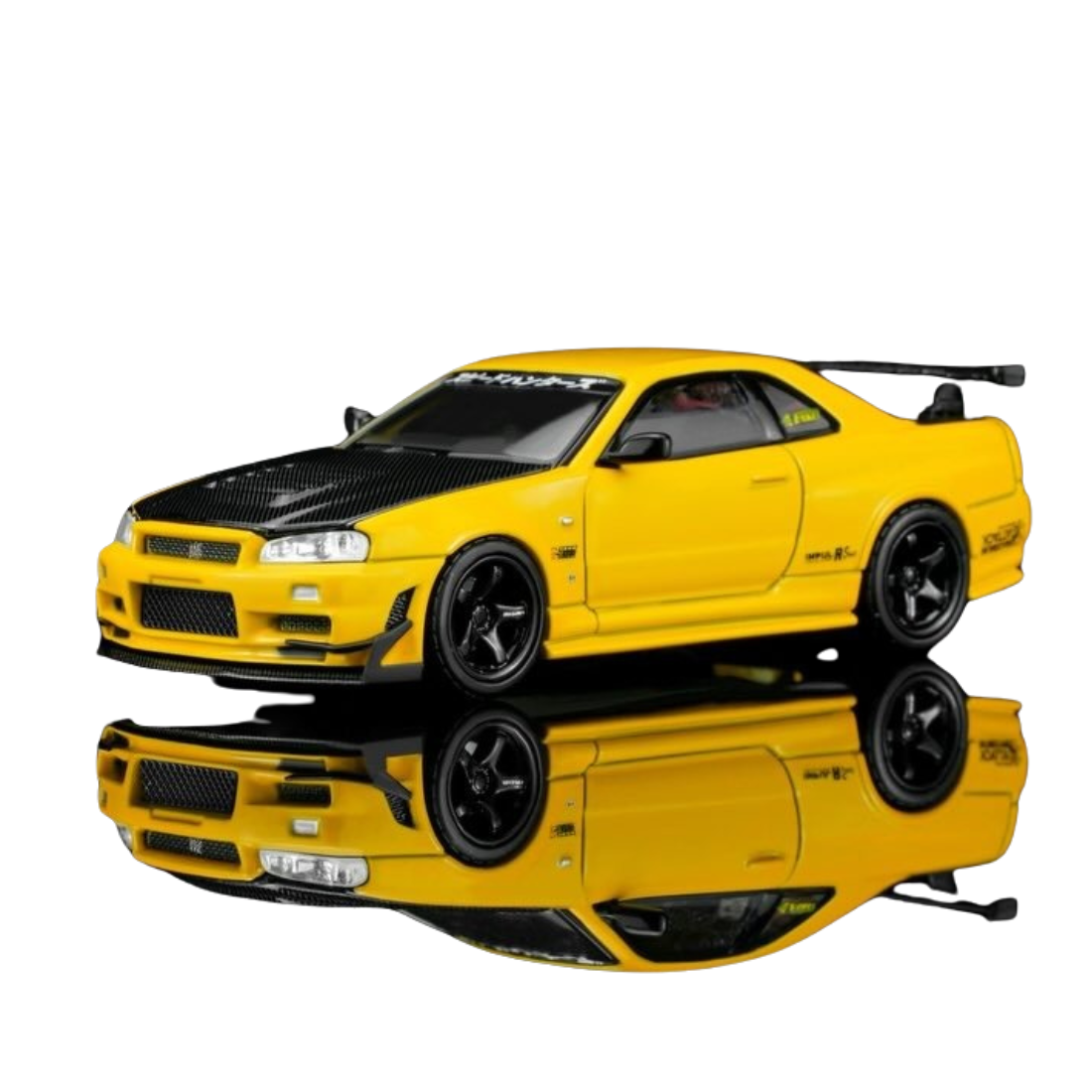 Premium scale diecast model car – *PRE-ORDER* Nissan Skyline GT-R (R34) Customized W/GT Aero Kit, 1:64 Scale (Lightning Yellow) Collectible