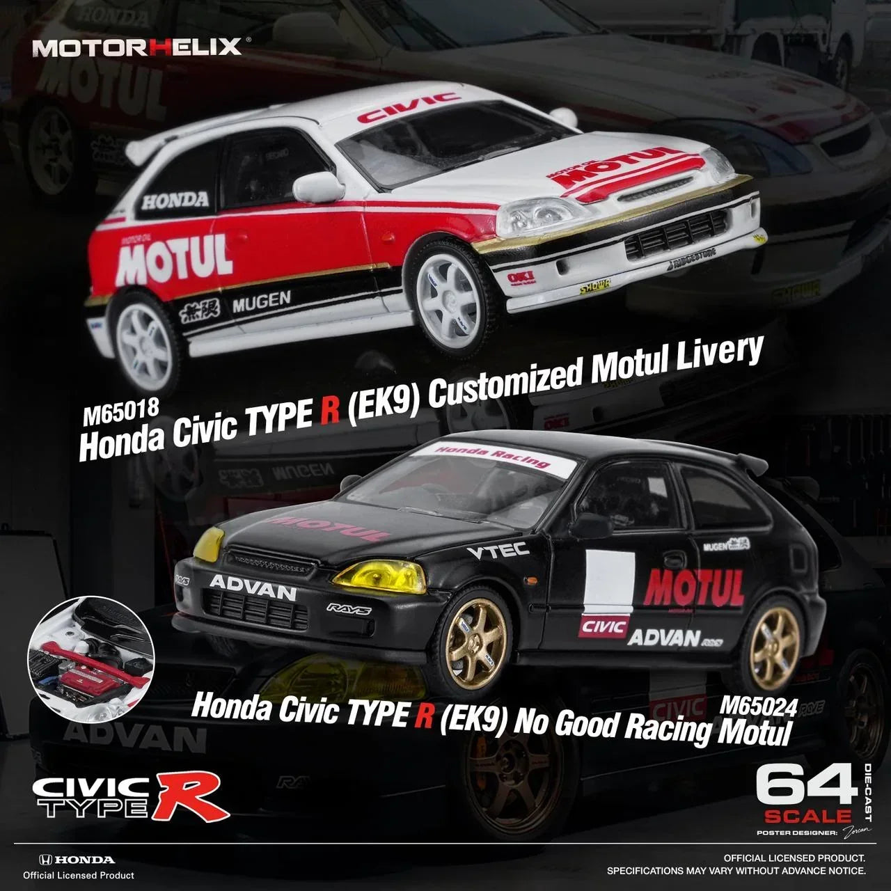 Premium scale diecast model car – *PRE-ORDER* Honda Civic TYPE R (EK9) Customized Motul Livery Magnetic Engine Hood-Removable, 1:64 Scale (White) Collectible