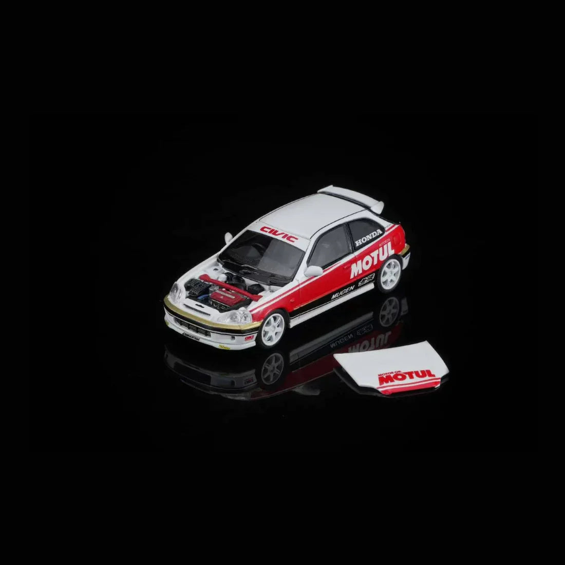 *PRE-ORDER* Honda Civic TYPE R (EK9) Customized Motul Livery Magnetic Engine Hood-Removable, 1:64 Scale (White)