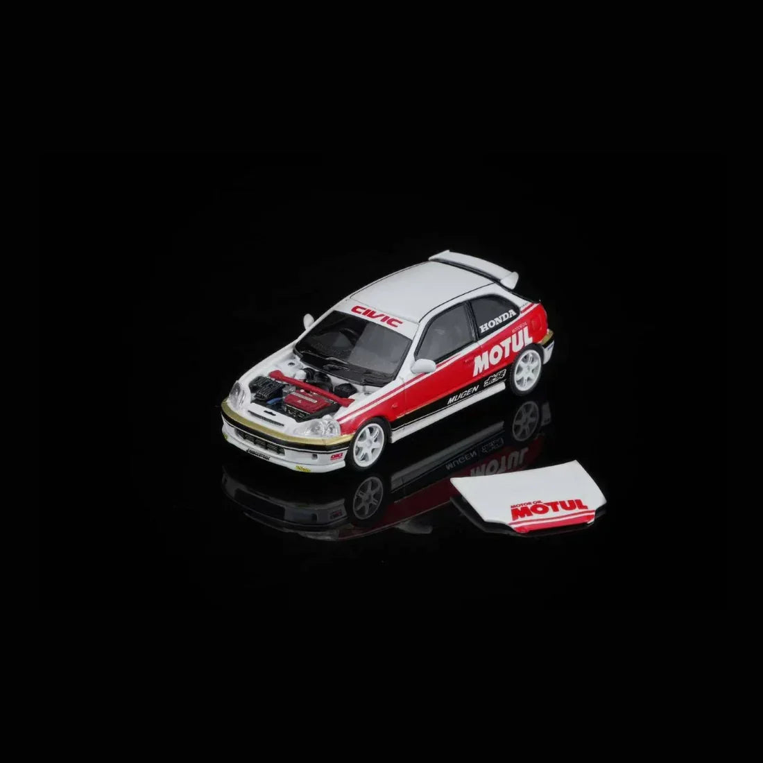 Premium scale diecast model car – *PRE-ORDER* Honda Civic TYPE R (EK9) Customized Motul Livery Magnetic Engine Hood-Removable, 1:64 Scale (White) Collectible