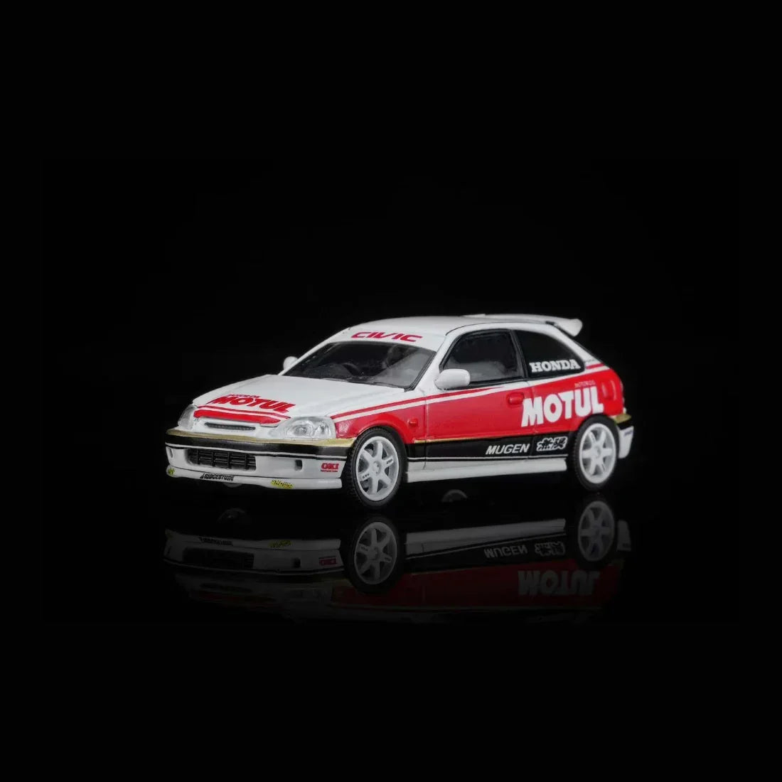 Premium scale diecast model car – *PRE-ORDER* Honda Civic TYPE R (EK9) Customized Motul Livery Magnetic Engine Hood-Removable, 1:64 Scale (White) Collectible