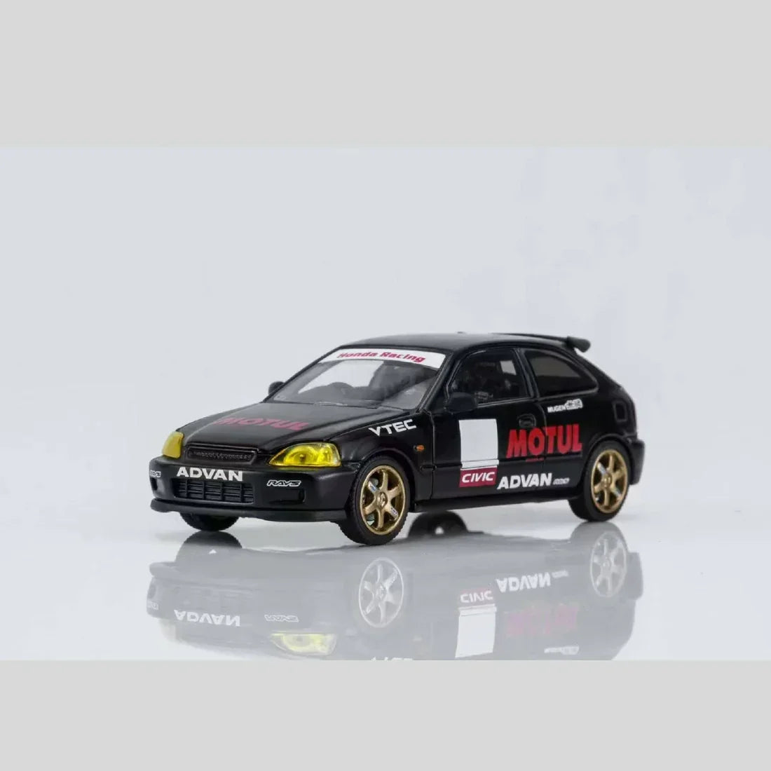 Premium scale diecast model car – *PRE-ORDER* Honda Civic TYPE R (EK9) No Good Racing Motul Magnetic Engine Hood-Removable (Matt Black with Yellow Head Lights), 1:64 Scale Collectible