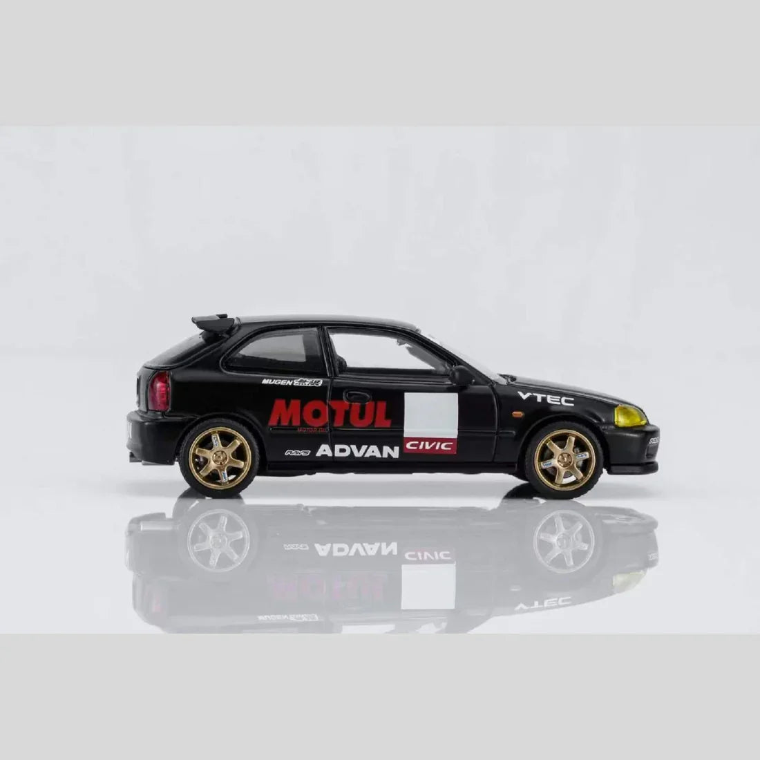 Premium scale diecast model car – *PRE-ORDER* Honda Civic TYPE R (EK9) No Good Racing Motul Magnetic Engine Hood-Removable (Matt Black with Yellow Head Lights), 1:64 Scale Collectible