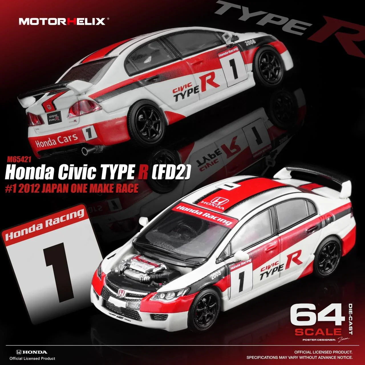 *PRE-ORDER* Honda Civic TYPE R (FD2) #1 2012 Japan One Make Race (Magnic Engine Hood - Removable), 1:64 Scale