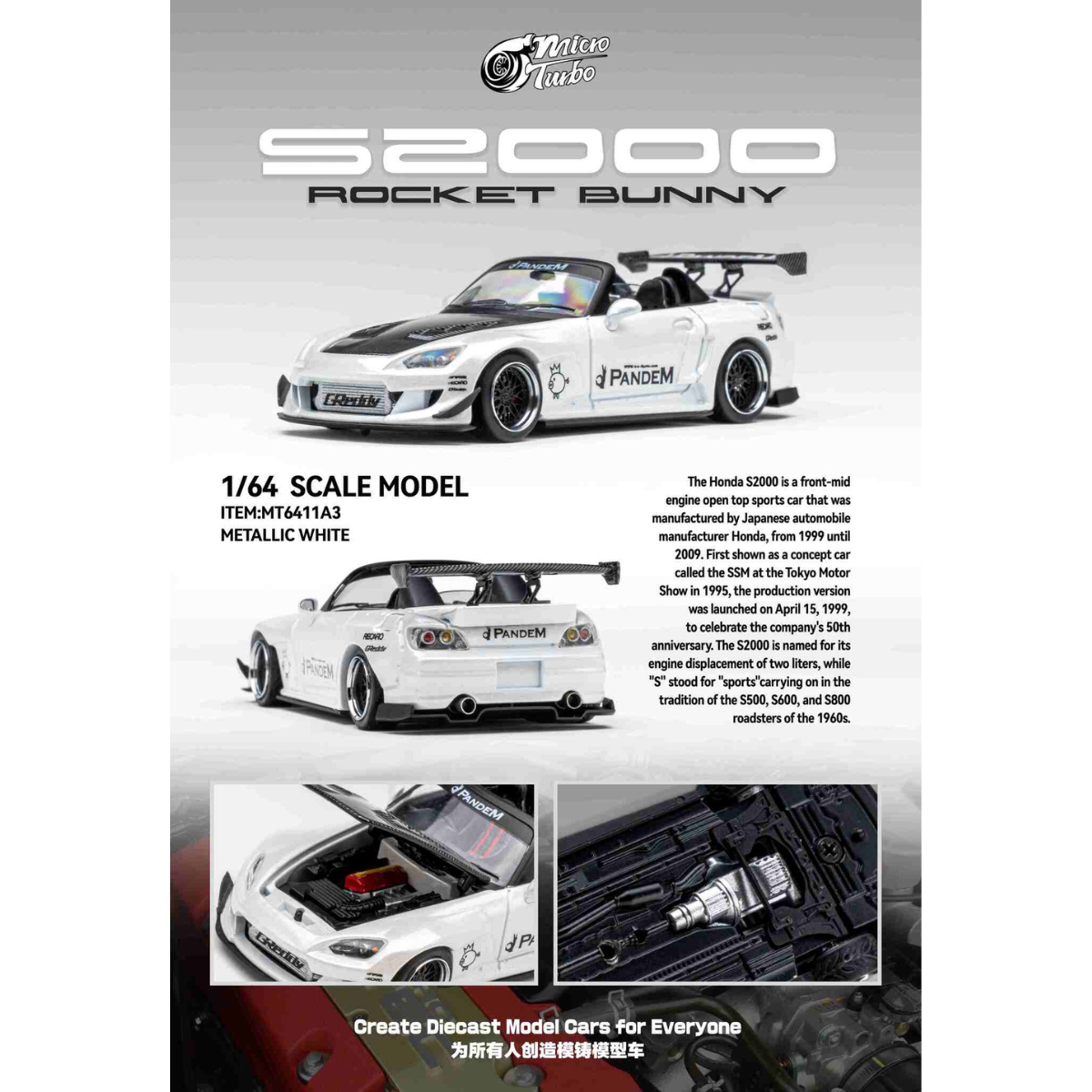 *PRE-ORDER* Custom Honda S2000 RB, 1:64 Scale (Metallic White)