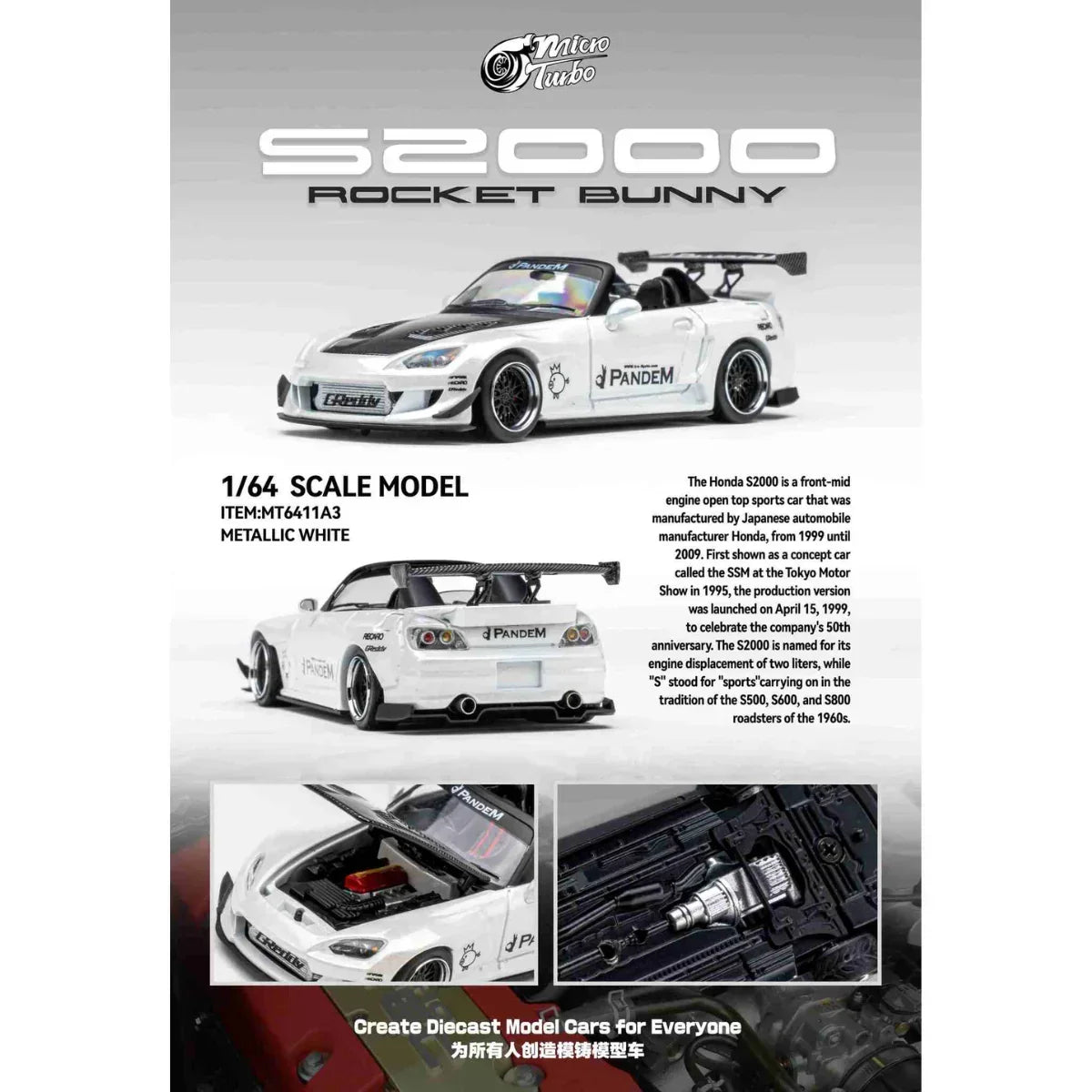 Premium scale diecast model car – *PRE-ORDER* Custom Honda S2000 RB, 1:64 Scale (Metallic White) Collectible